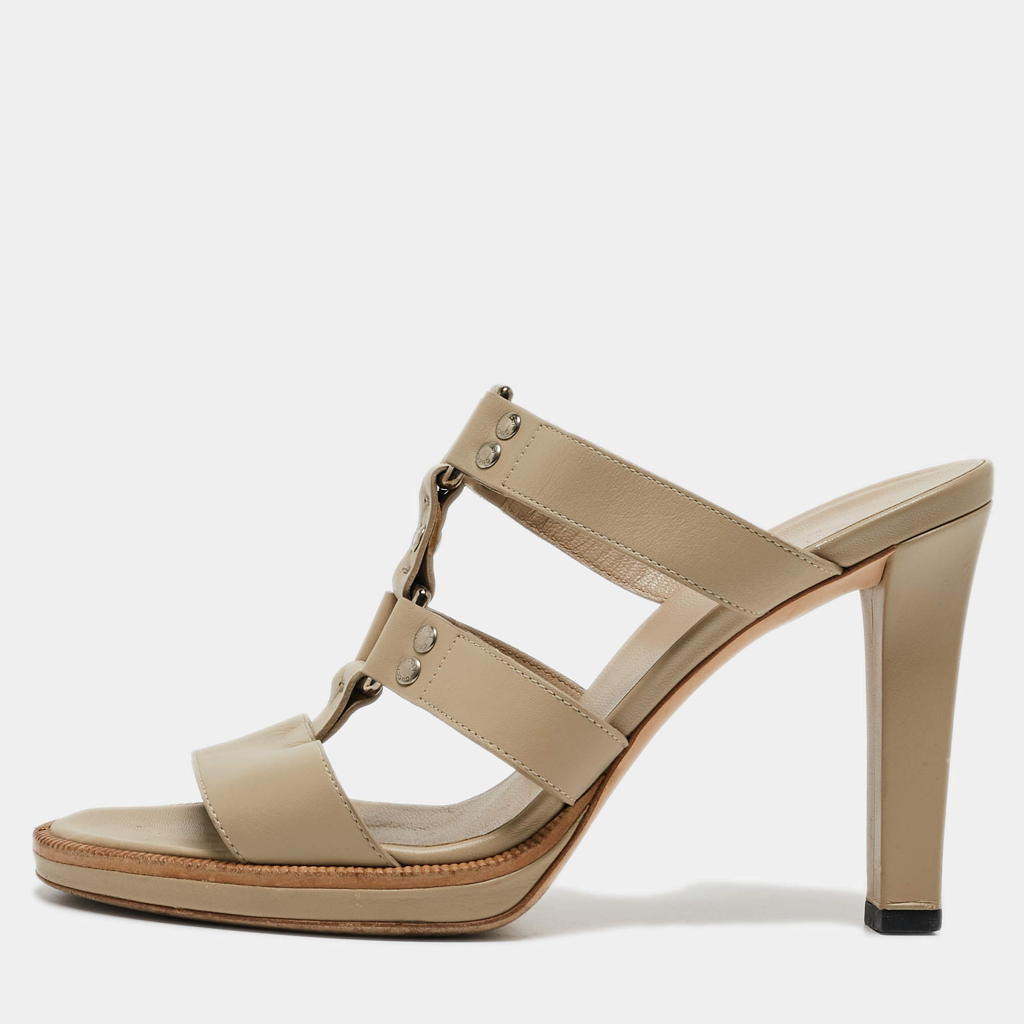 Gucci Beige Leather Strappy Slide Sandals Size 38
