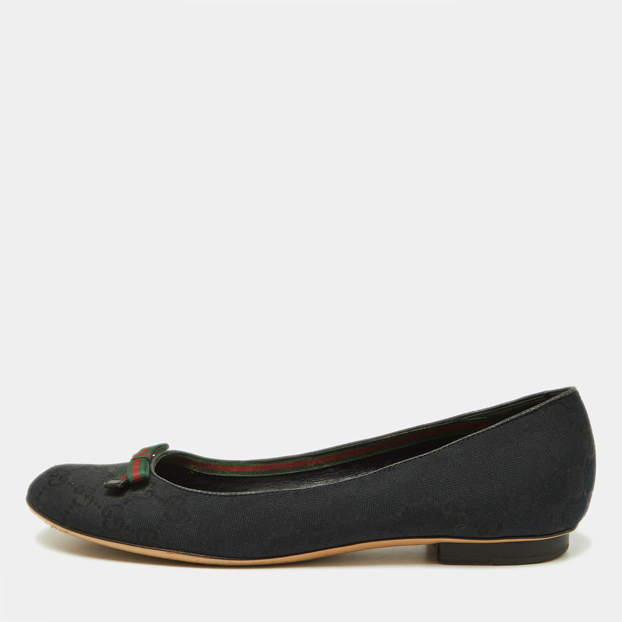 Pre Owned Gucci Black GG Canvas Web Bow Ballet Flats Size 40.5