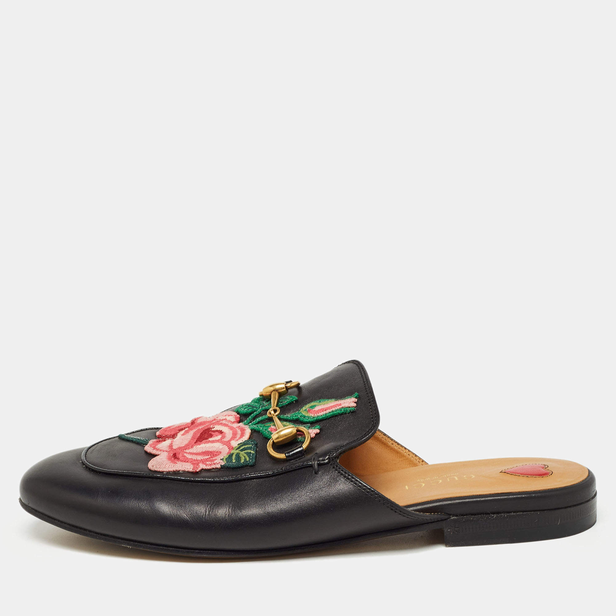 Gucci Black Leather Rose Embroidered Princetown Horsebit Flat Mules Size 37