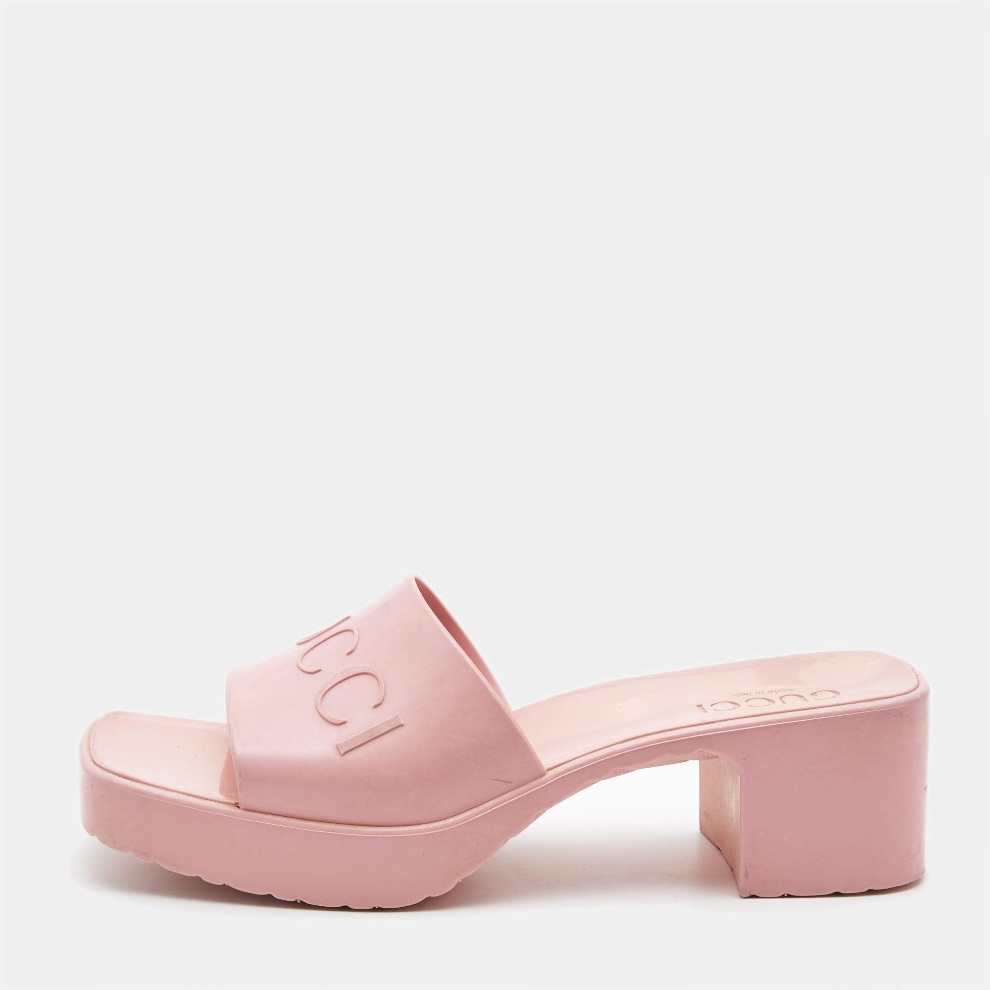 Gucci Pink Rubber Embossed Logo Block Heel Slide Sandals Size 39