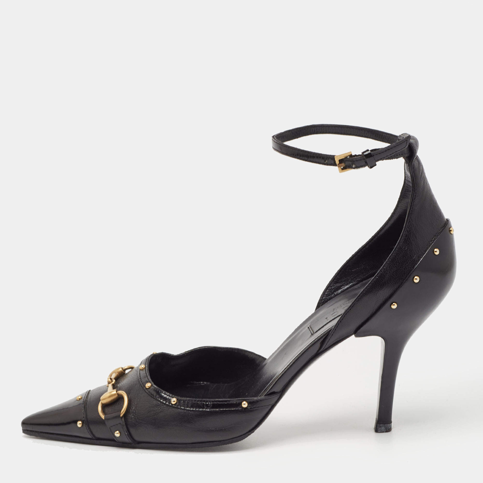 Pre Owned Gucci Black Leather Horsebit Studded Pointed Toe Ankle Strap Pumps Size 36