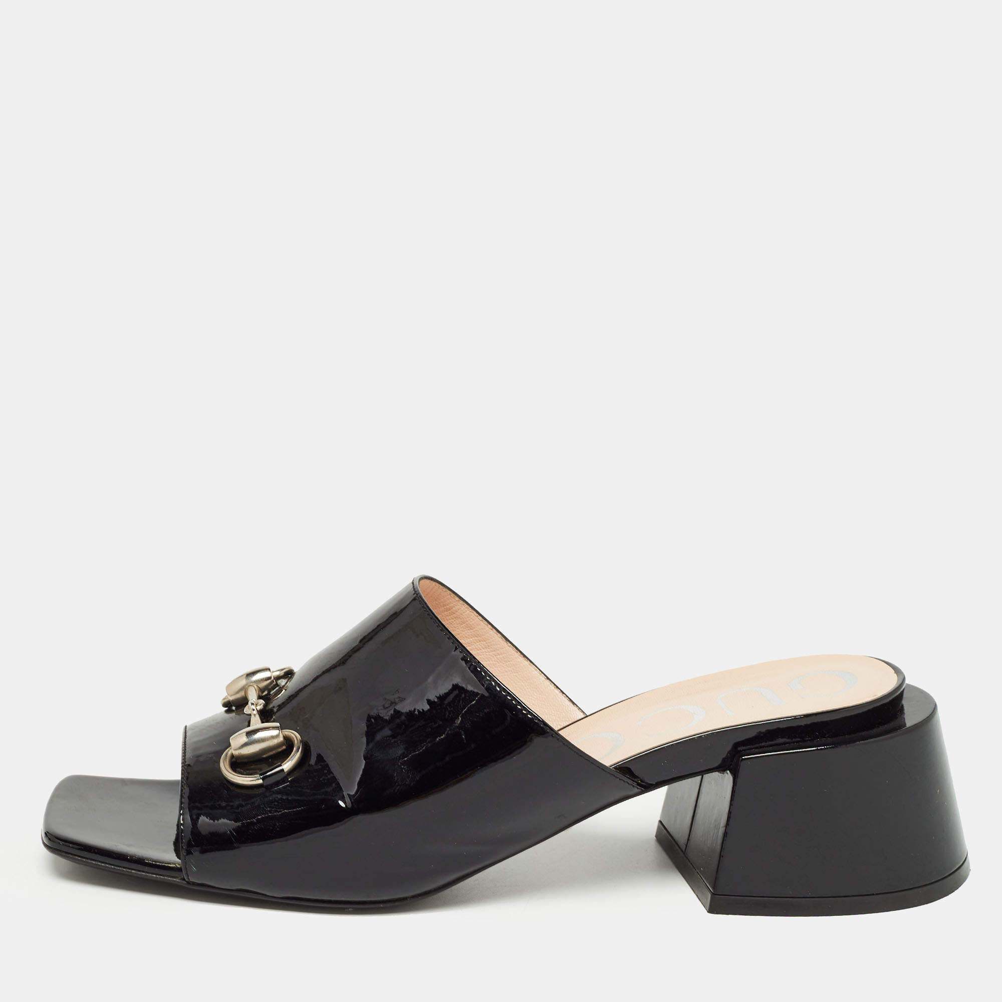 Gucci Black Patent Leather Horsebit Block Heel Slide Sandals Size 39.5