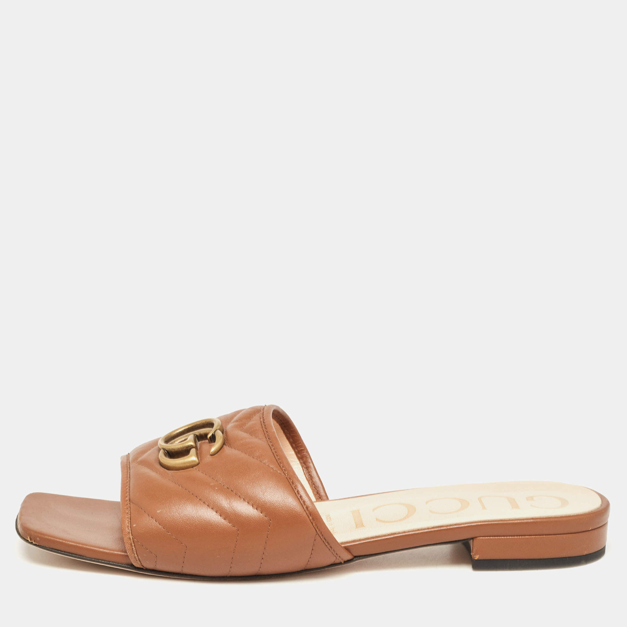 Gucci Brown Matelasse Leather GG Marmont Flat Slides Size 41