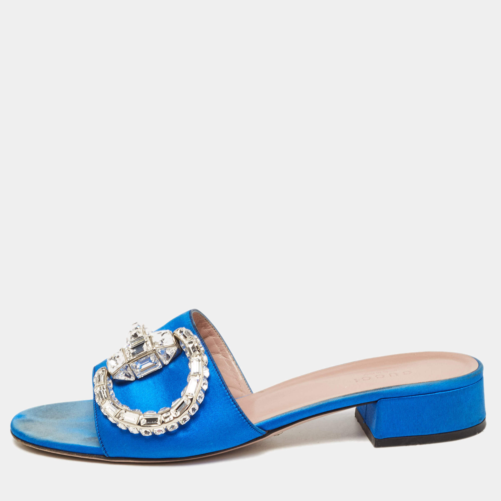 مملوكة مسبقًا Gucci Blue Satin Crystal Horsebit Maxime Slide Sandals Size 38.5