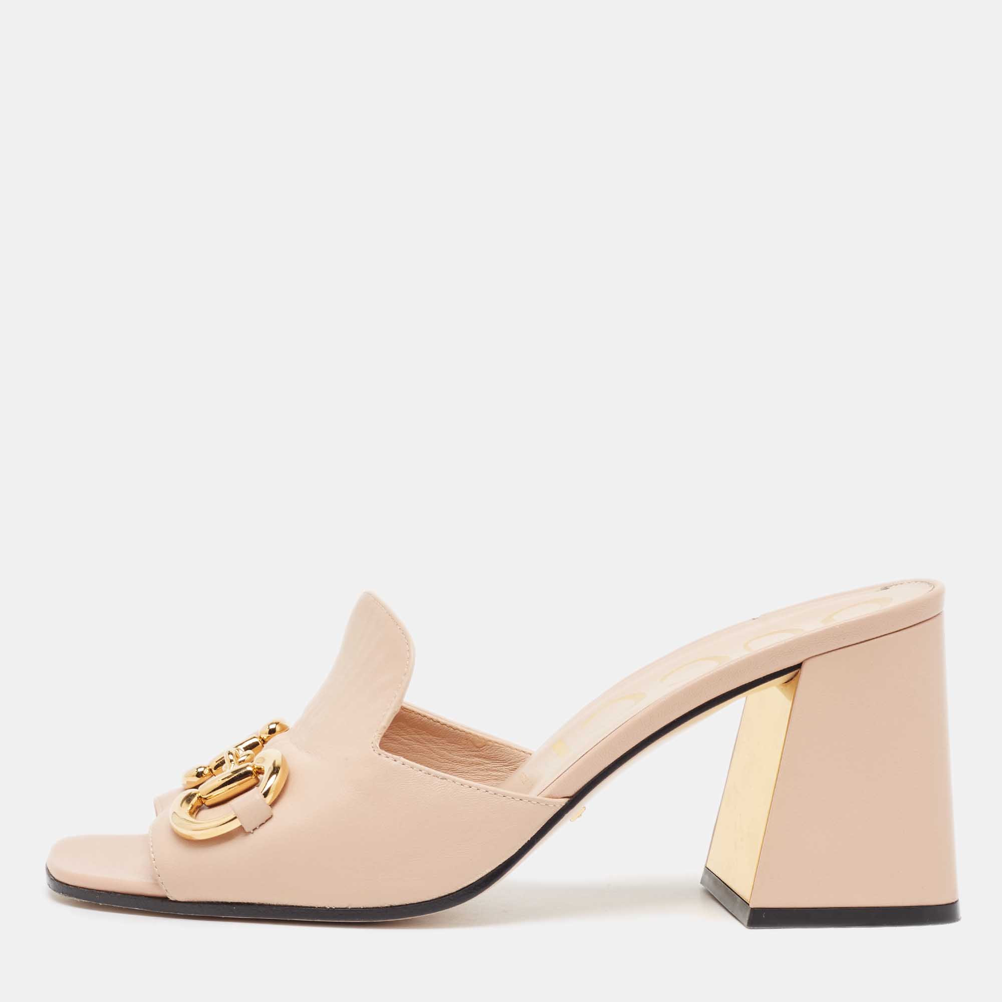 Gucci Pink Leather Horsebit Accent Slide Sandals Size 39.5