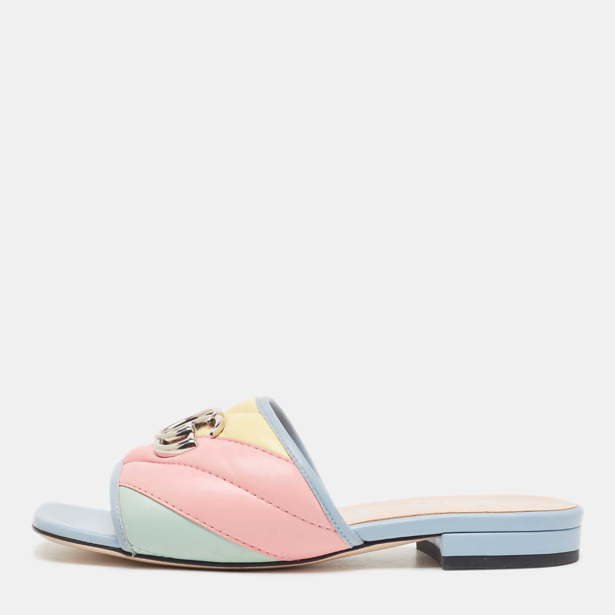 Gucci Multicolor Matelassé Leather GG Marmont Flat Slides Size 35