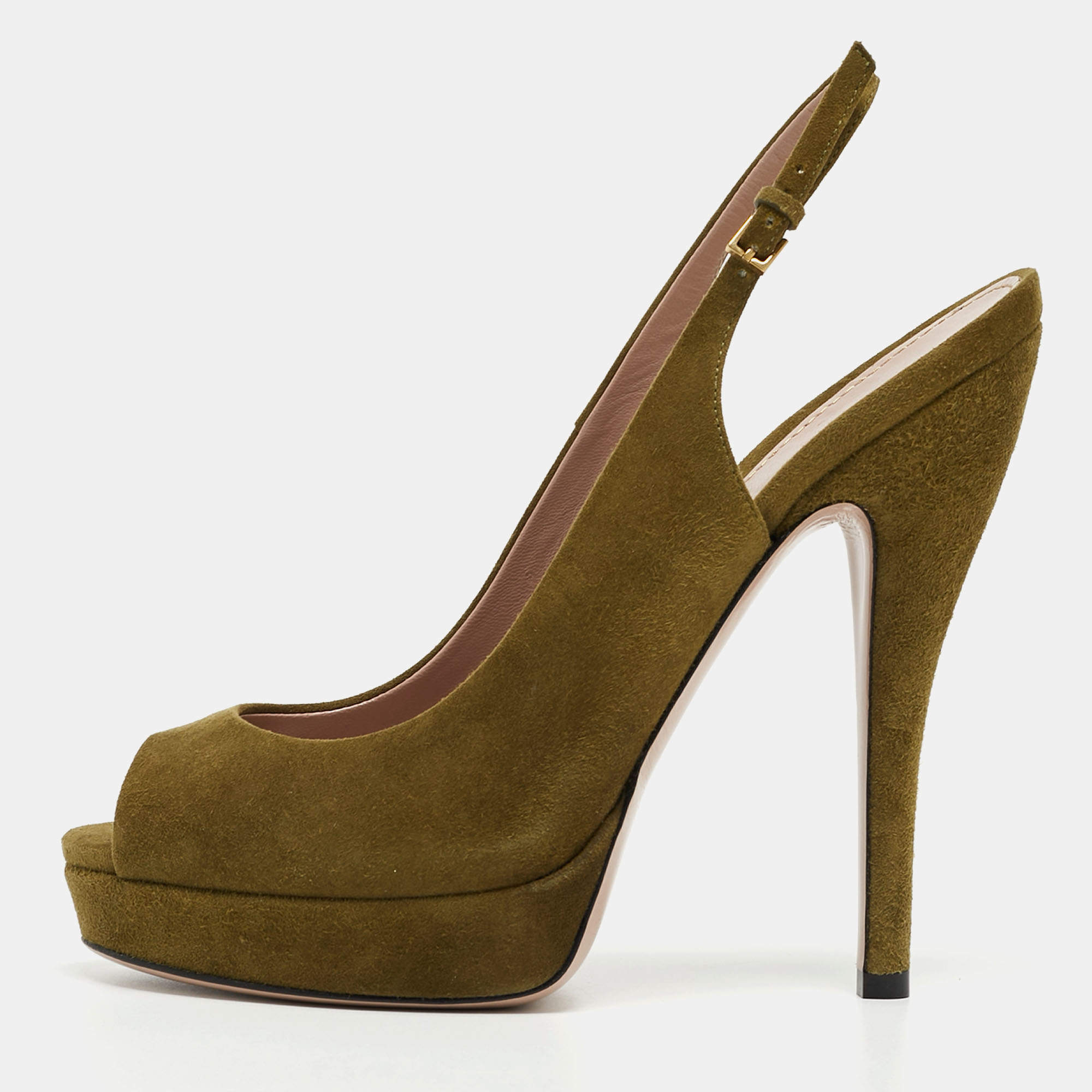 Gucci Green Suede Sofia Slingback Platform Pumps Size 38.5