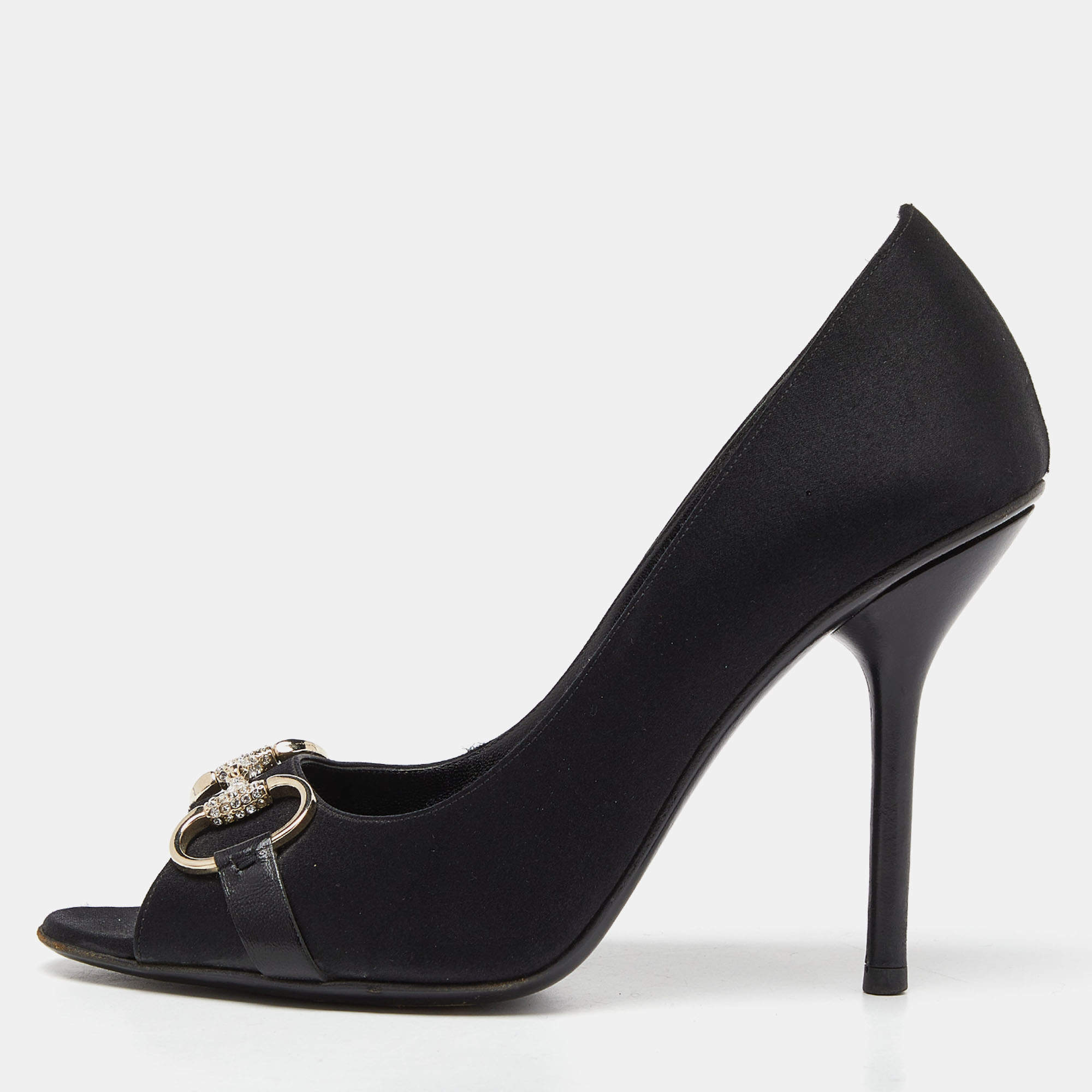 Gucci Black Satin Horsebit Peep Toe Pumps Size 38