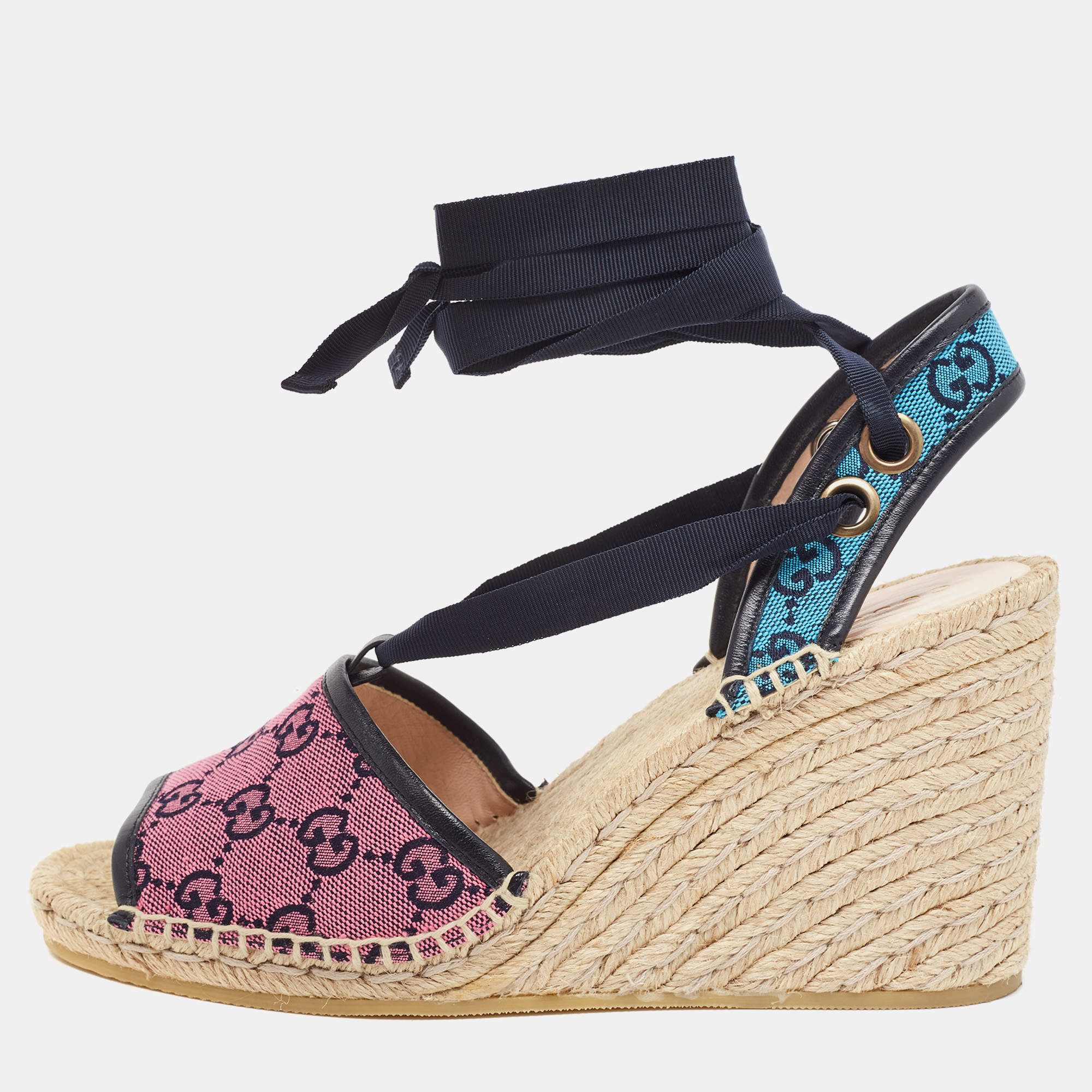 Pre Owned Gucci Multicolor Canvas and Leather Wedge Sandals Size 41