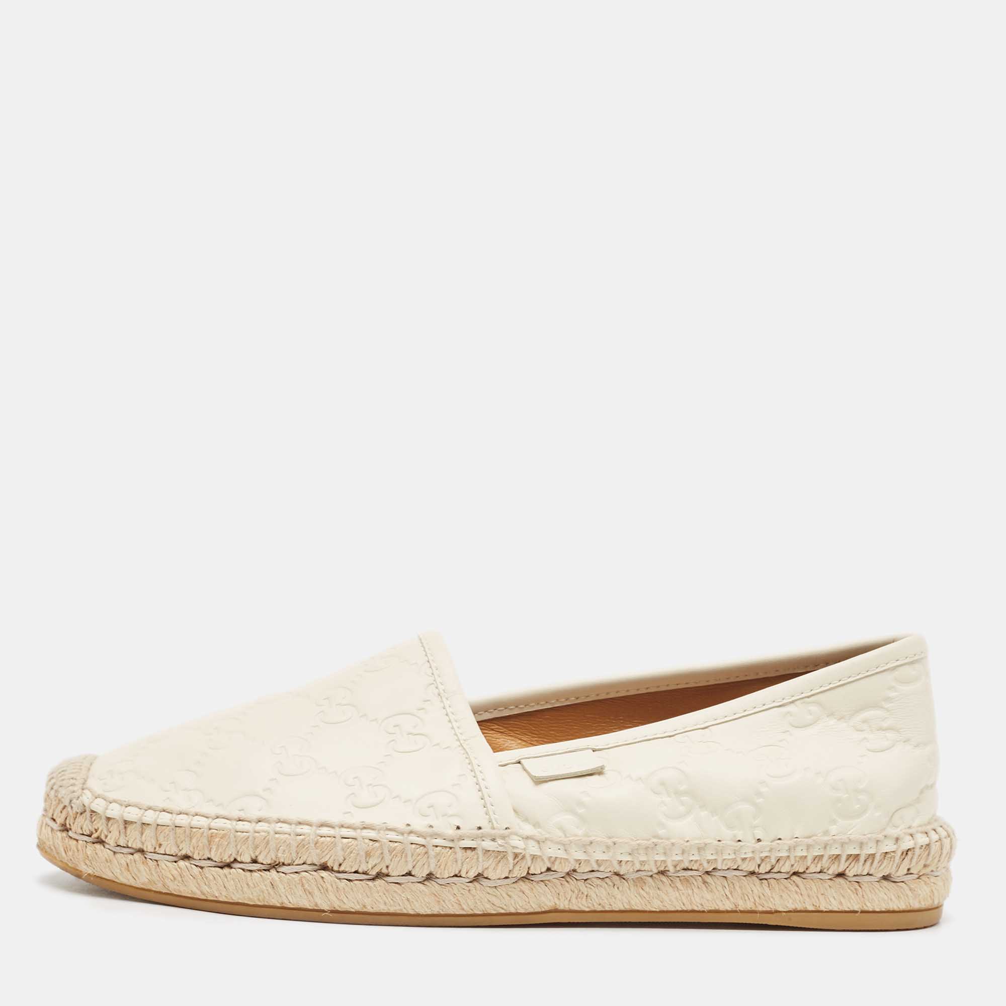 Pre Owned Gucci Cream Leather Guccissima Espadrille Flats Size 38