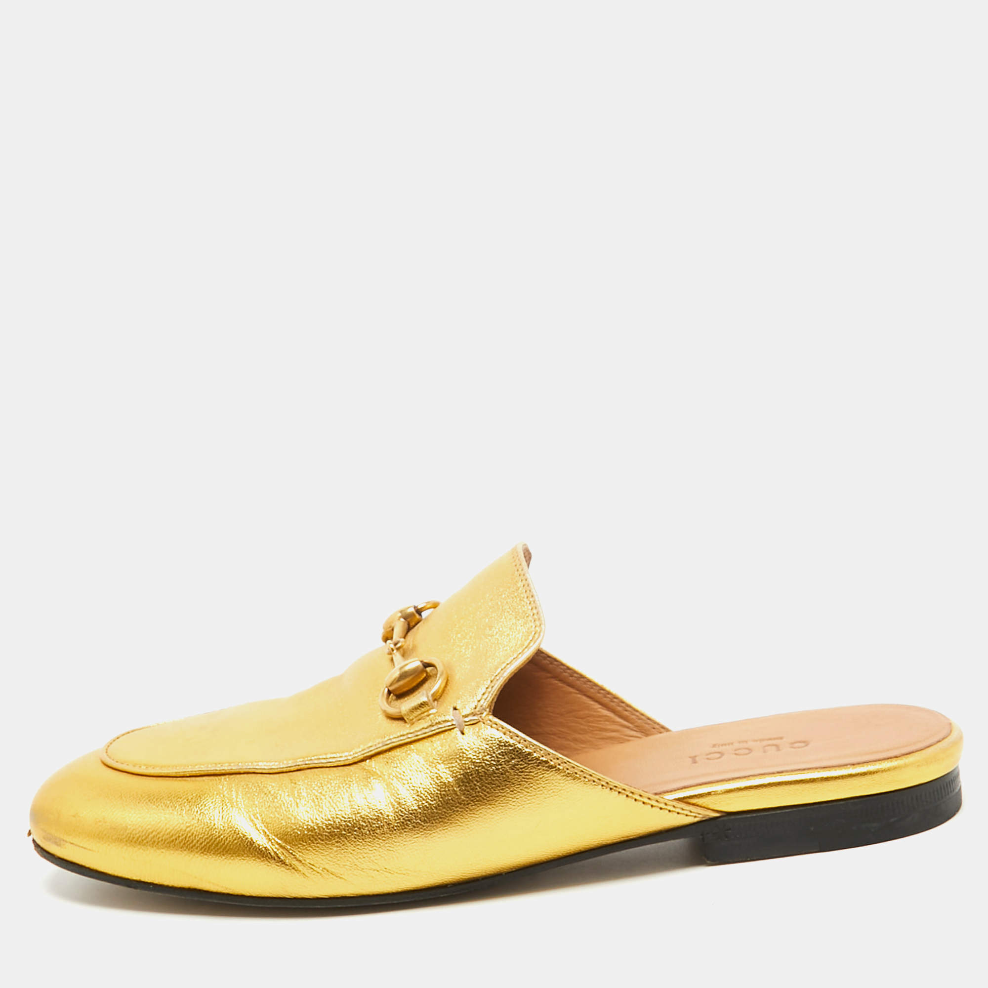 Pre Owned Gucci Metallic Gold Leather Princetown Flat Mules Size 36
