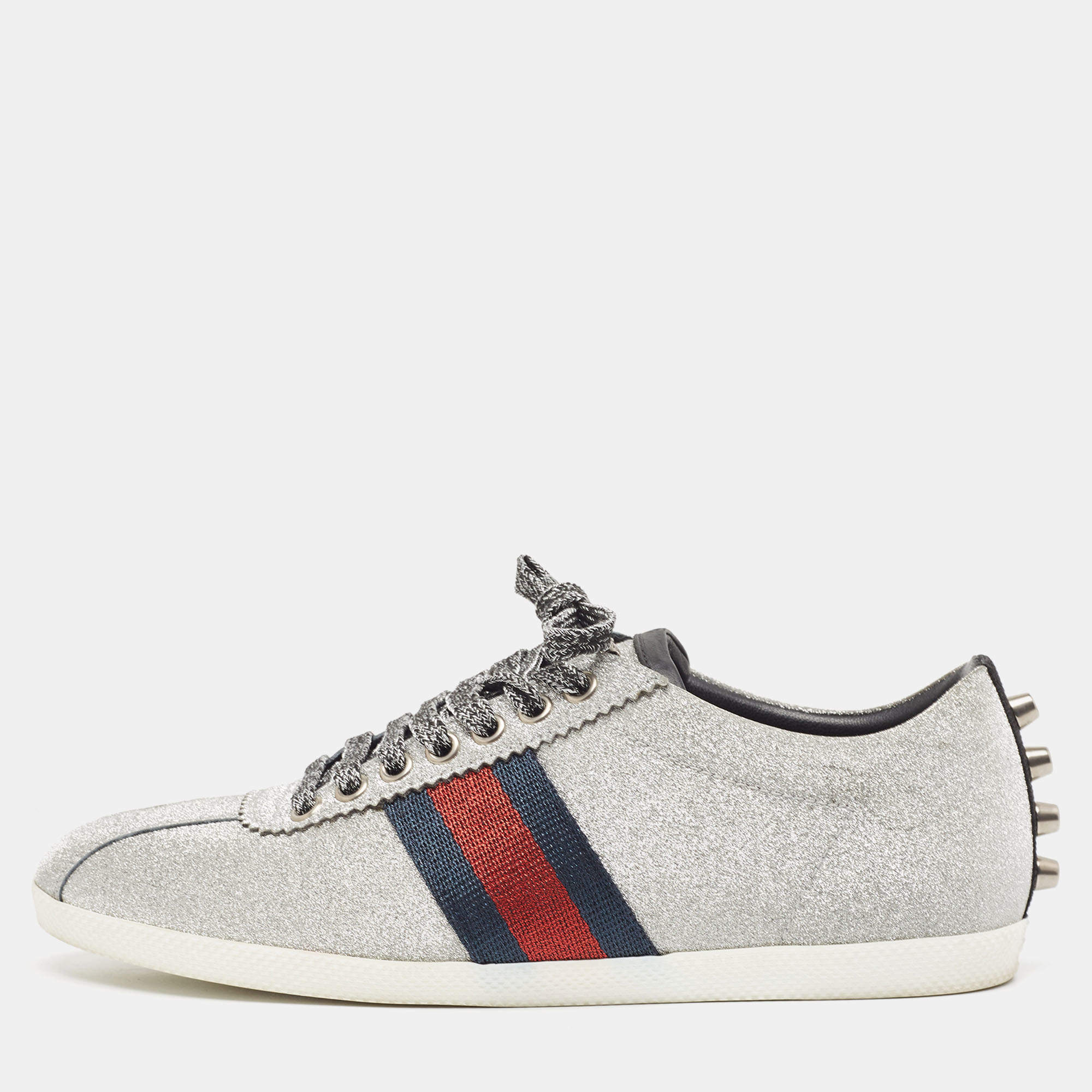 Gucci Metallic Silver Glitter Web Bambi Sneakers Size 38