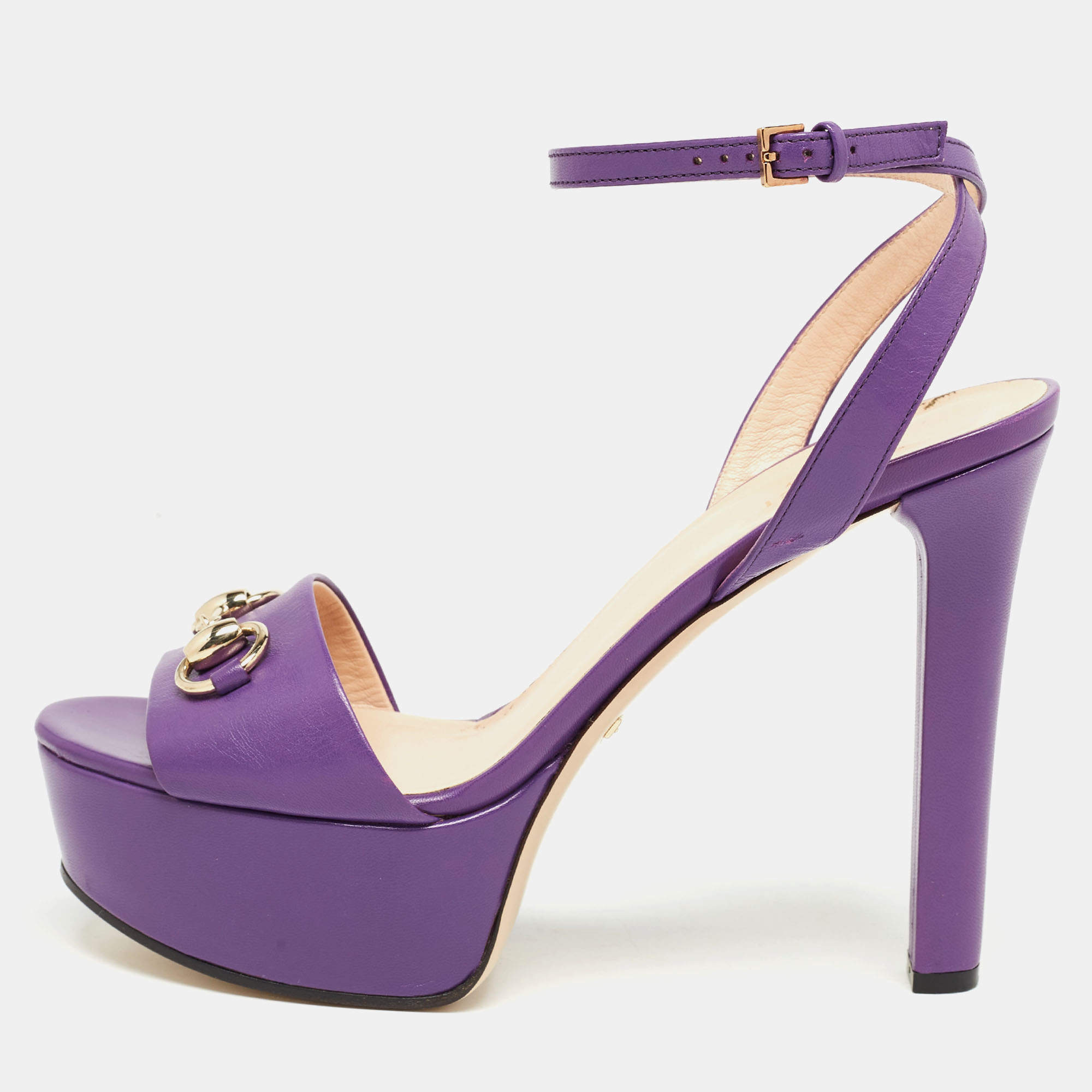 Pre Owned Gucci Purple Leather Claudie Horsebit Platform Ankle Strap Sandals Size 38.5