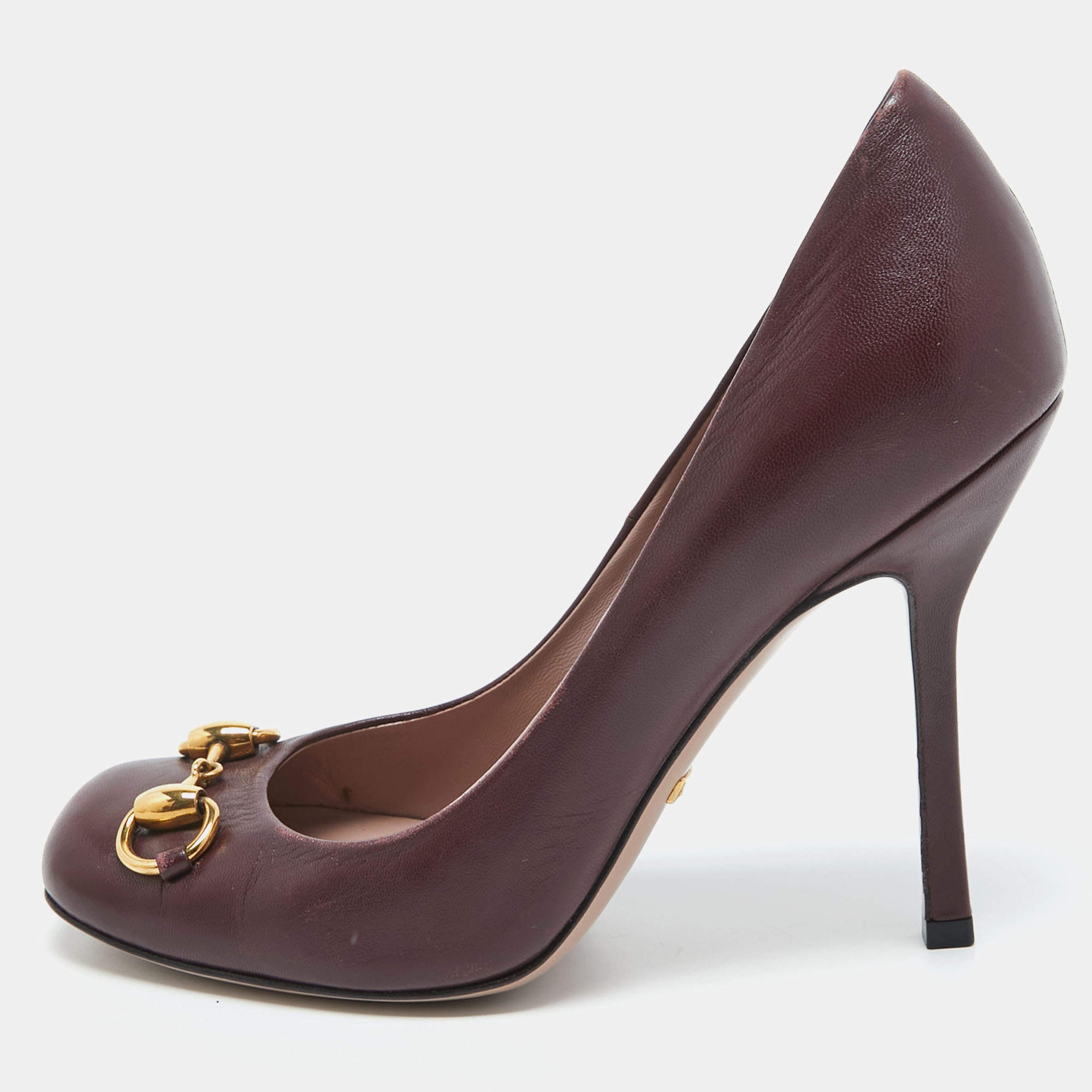 Pre Owned Gucci Burgundy Leather Horsebit Square Toe Pumps Size 36