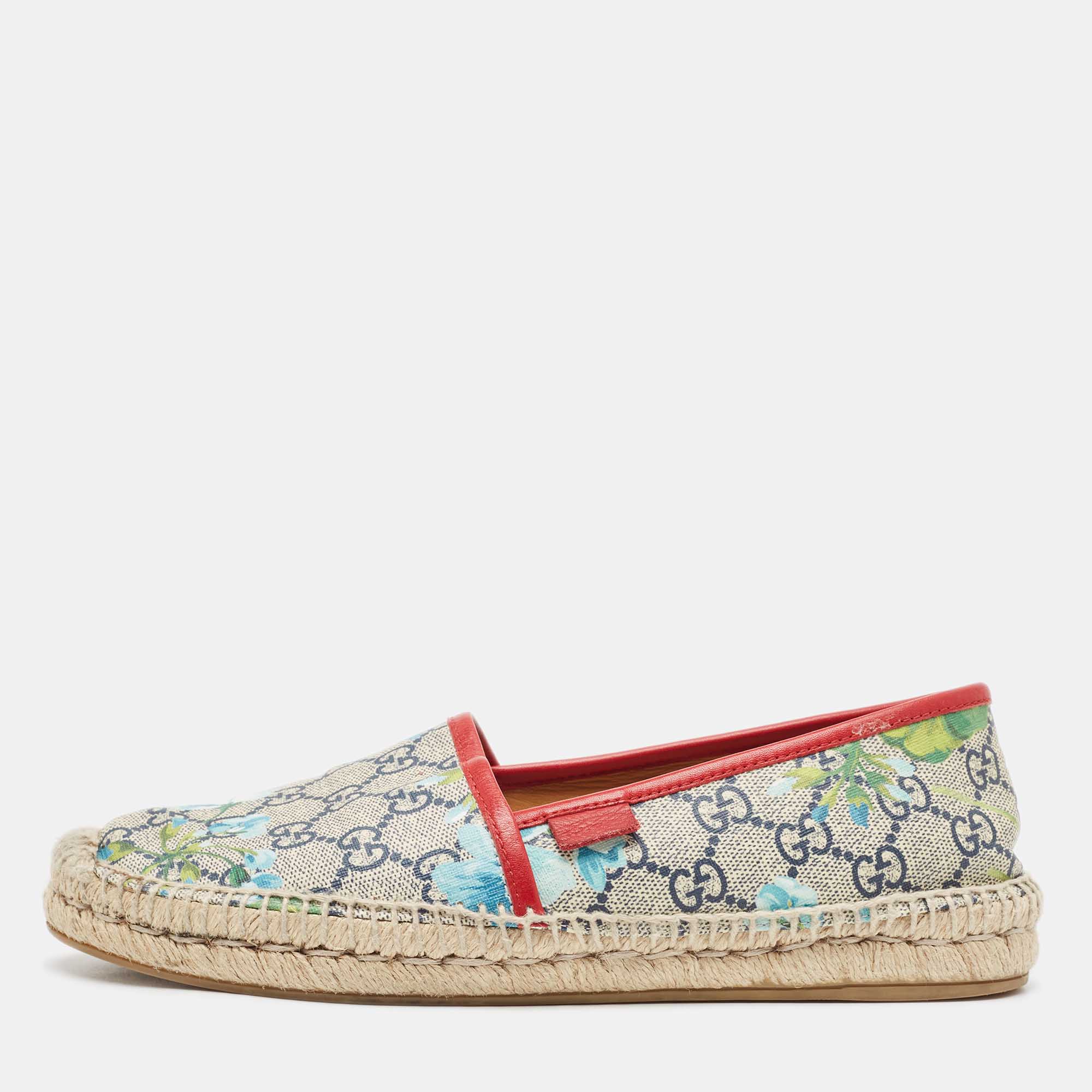 Pre Owned Gucci Navy Blue/Beige GG Supreme Canvas Bloom Print Espadrille Flats Size 38.5