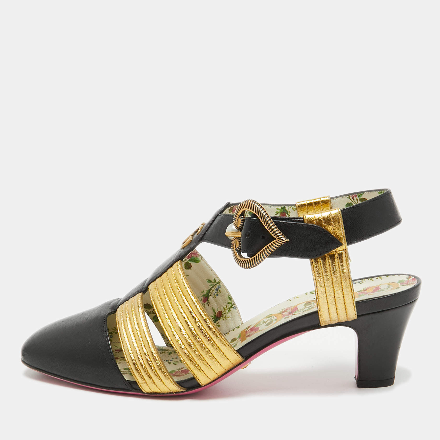 Pre Owned Gucci Black/Gold Leather Gea Pumps Size 38.5