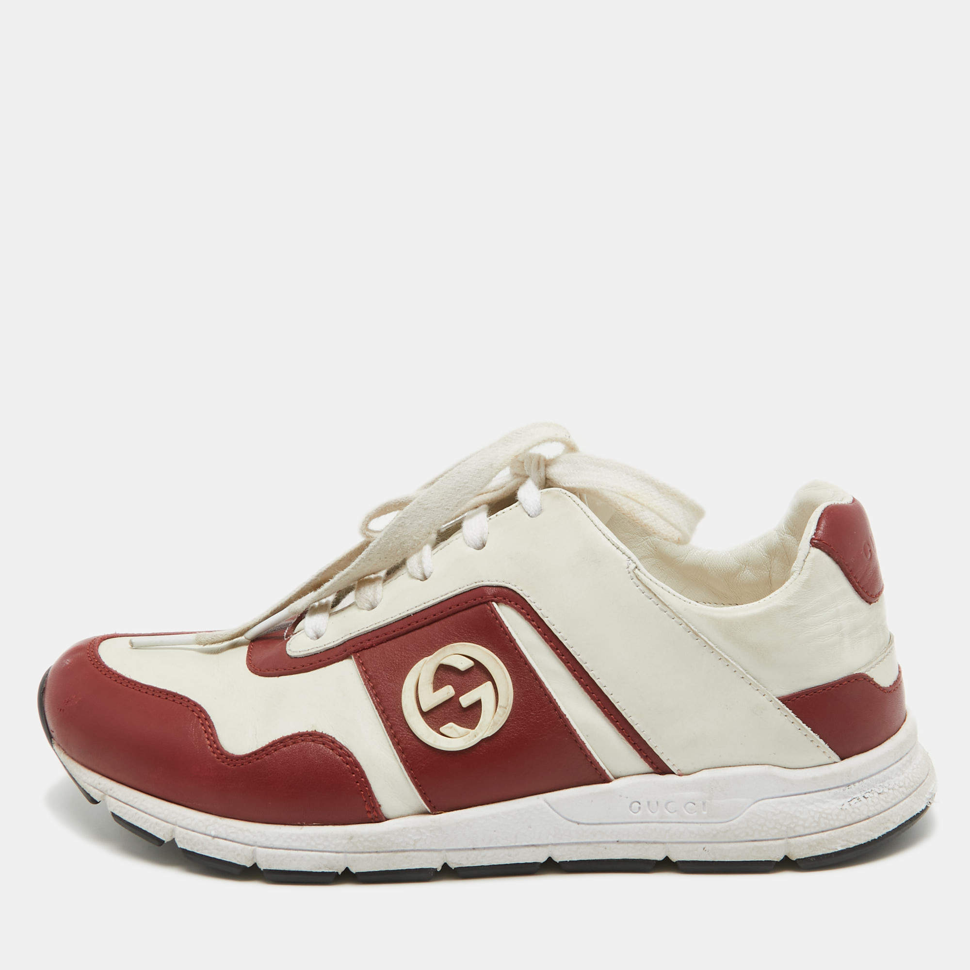 Pre Owned Gucci Dark Red/White Leather Interlocking G Low Top Sneakers Size 37