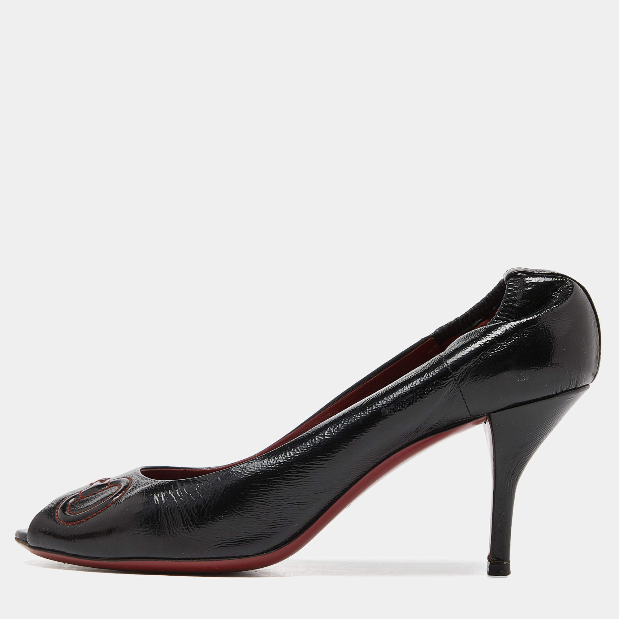Gucci Black Leather Horsebit Peep Toe Pumps Size 39.5