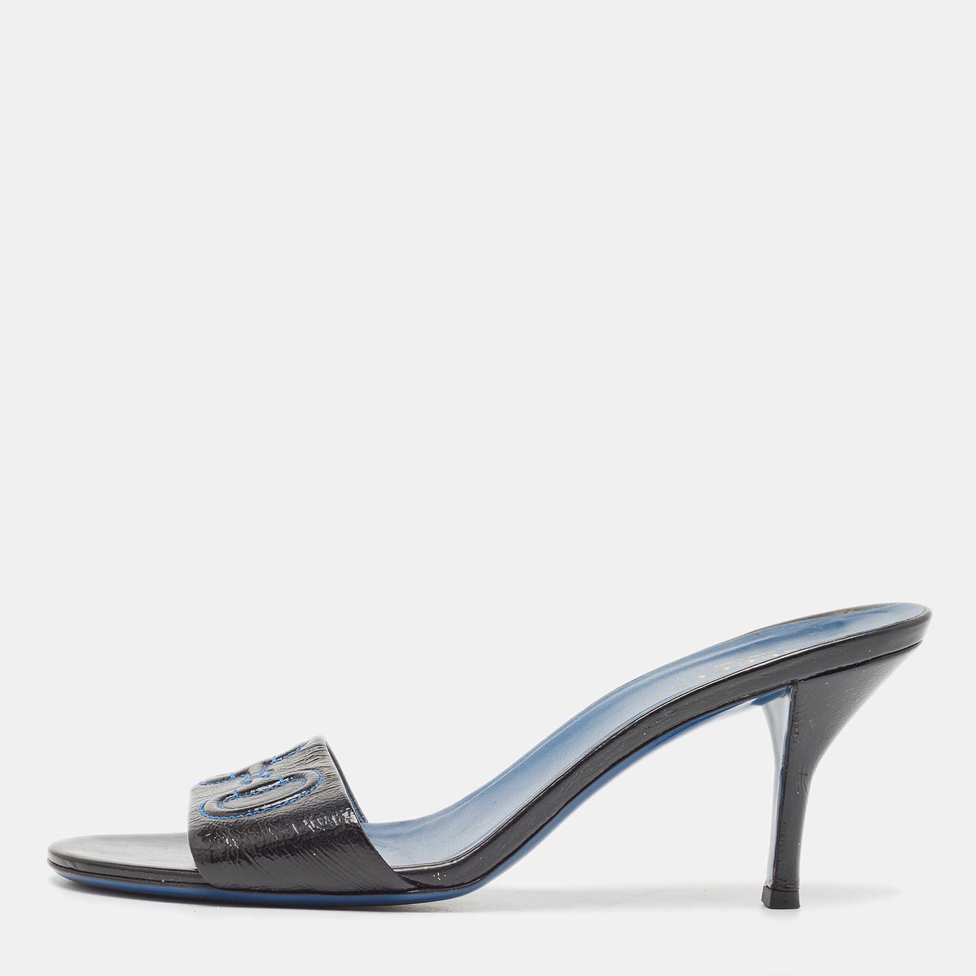 Pre Owned Gucci Black Patent Leather Slide Sandals Size 39.5