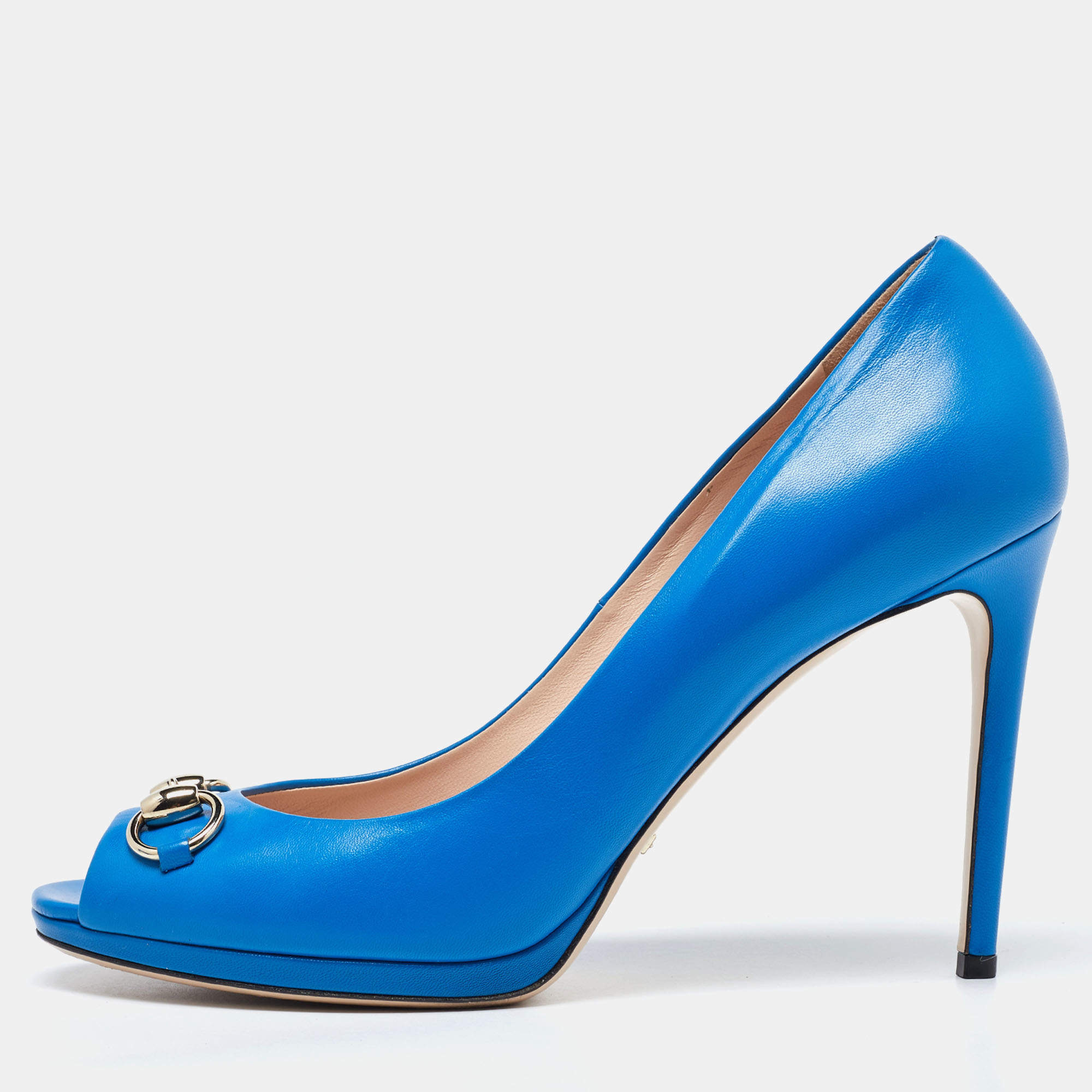 Gucci Blue Leather Horsebit Peep Toe Pumps Size 40