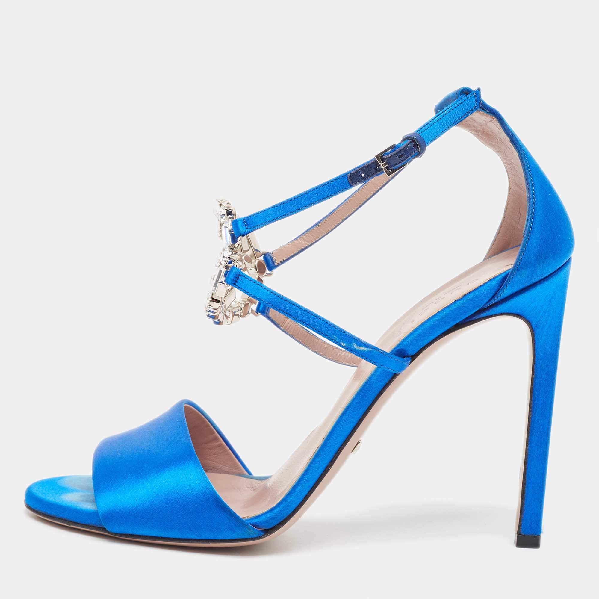 Gucci Blue Satin Crystal Embellished Interlocking G Ankle Strap Sandals Size 38