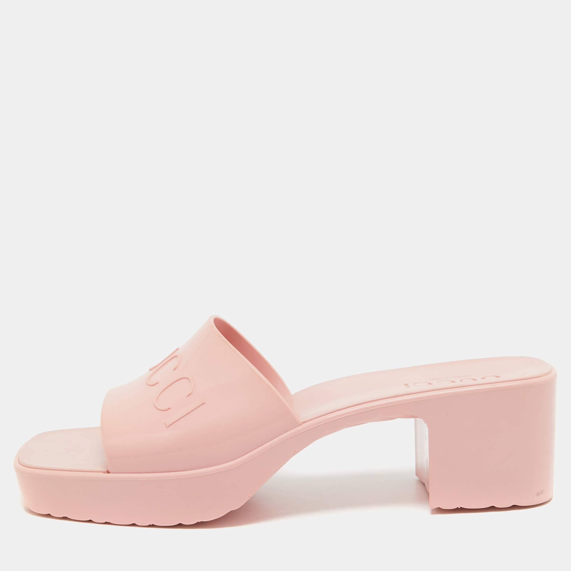 Gucci Pink Rubber Logo Embossed Platform Slide Sandals Size 38