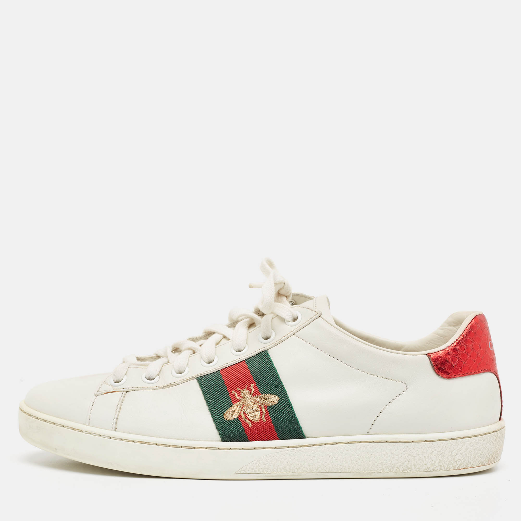 Pre Owned Gucci White Leather Bee Embroidered Ace Sneakers Size 38