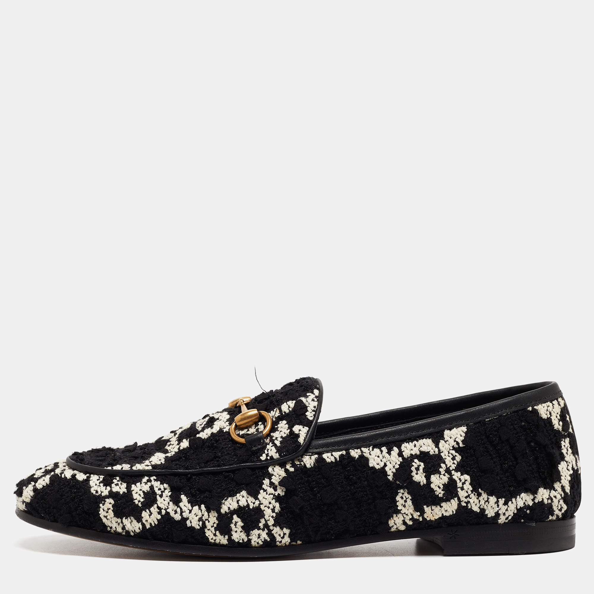 Gucci Black/White GG Tweed Jordaan Loafers Size 36.5
