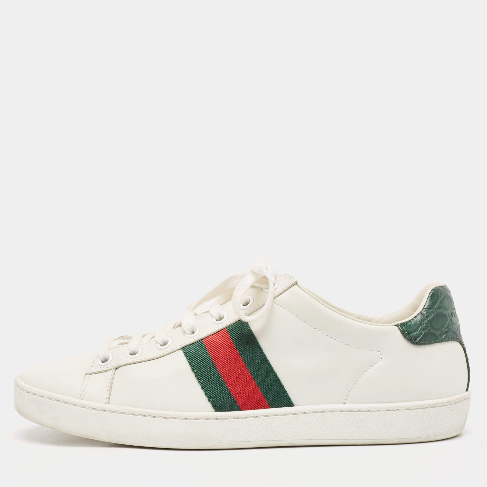 Pre Owned  Gucci White/Green Cro Embossed and Leather Ace Sneakers Size 38