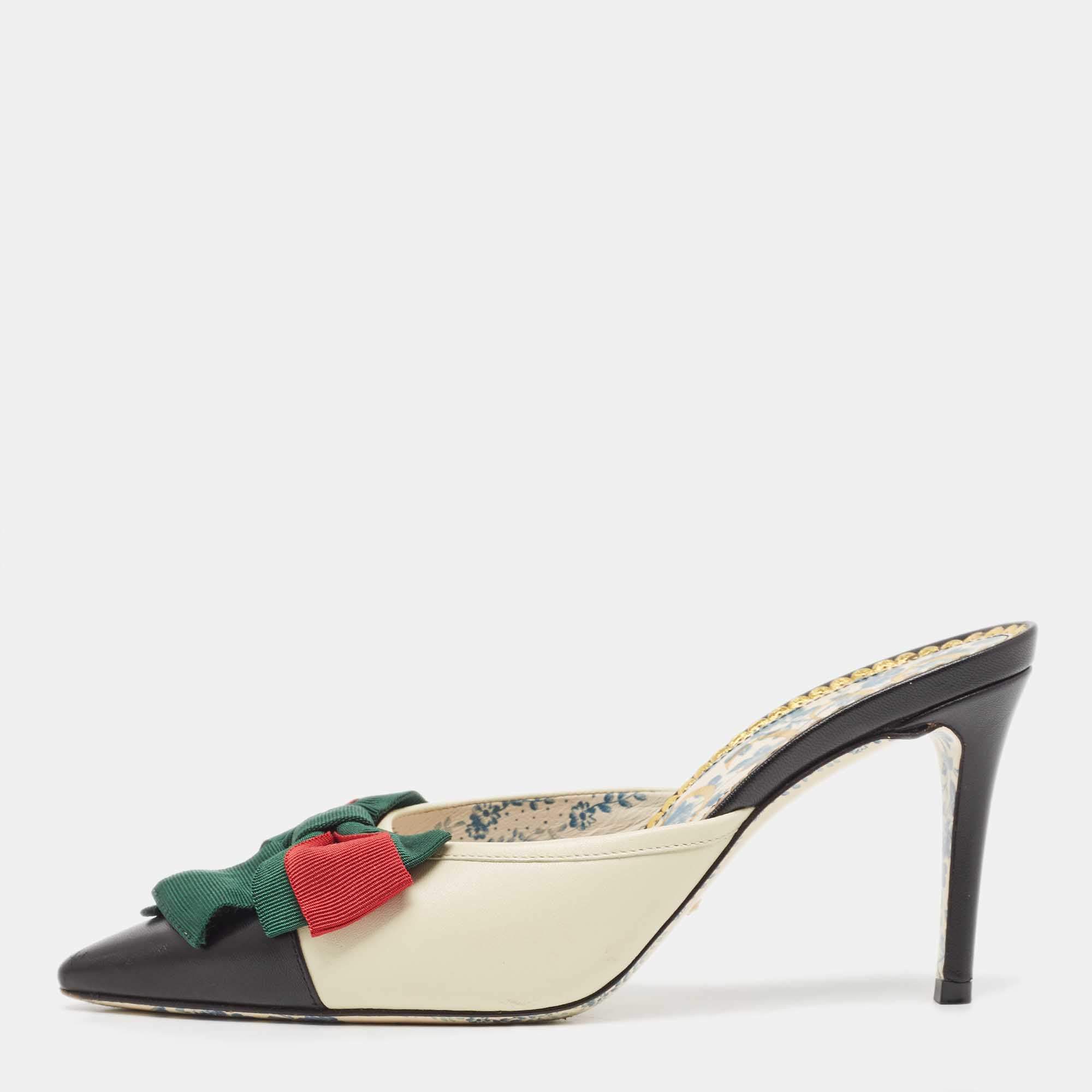 مملوكة مسبقًا Gucci Tri Color Leather Sackville Web Bow Mule Sandals Size 36
