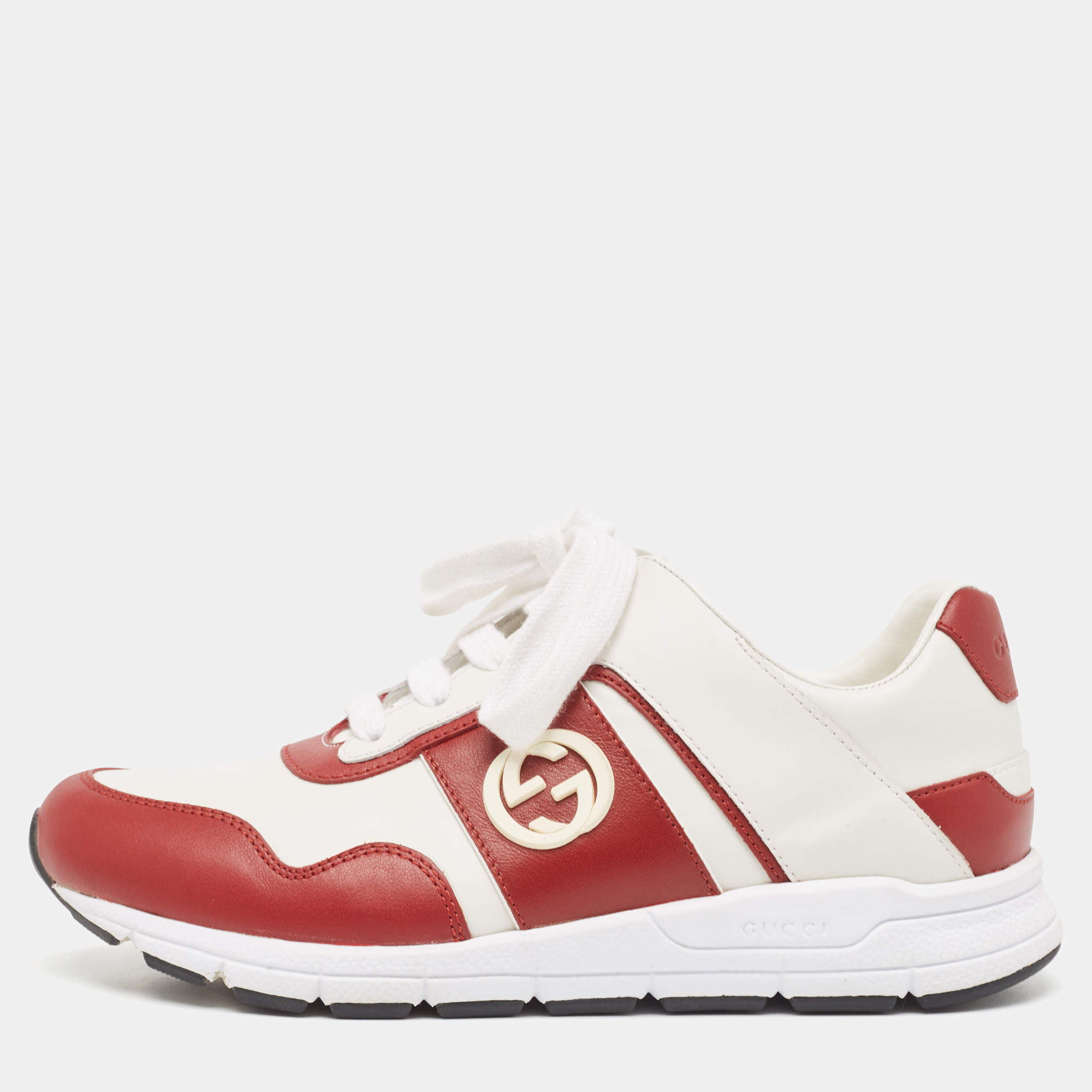 Pre Owned Gucci White/Red Leather Interlocking G Sneakers Size 36