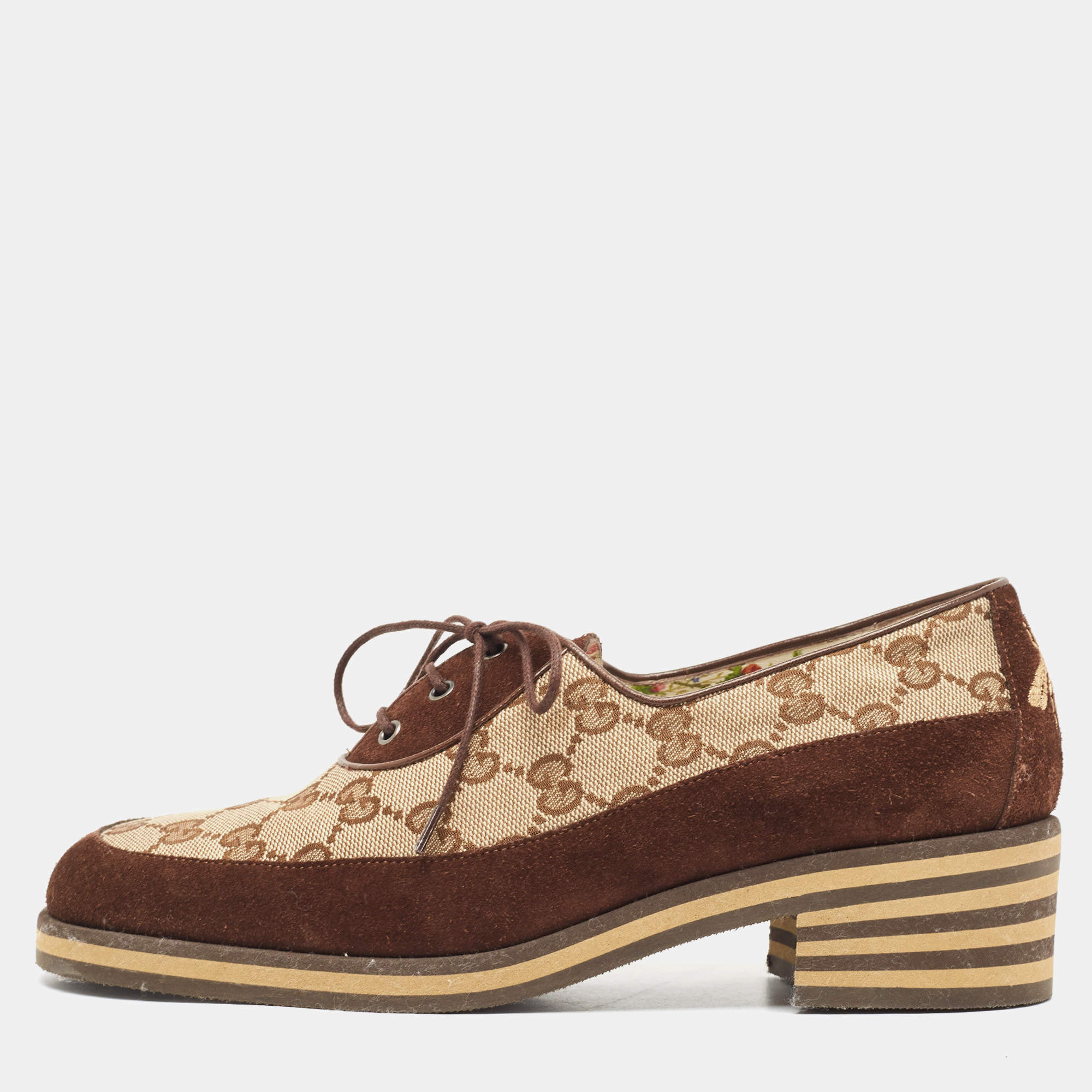 Gucci Brown/Beige Canvas and Suede Derby Size 38.5