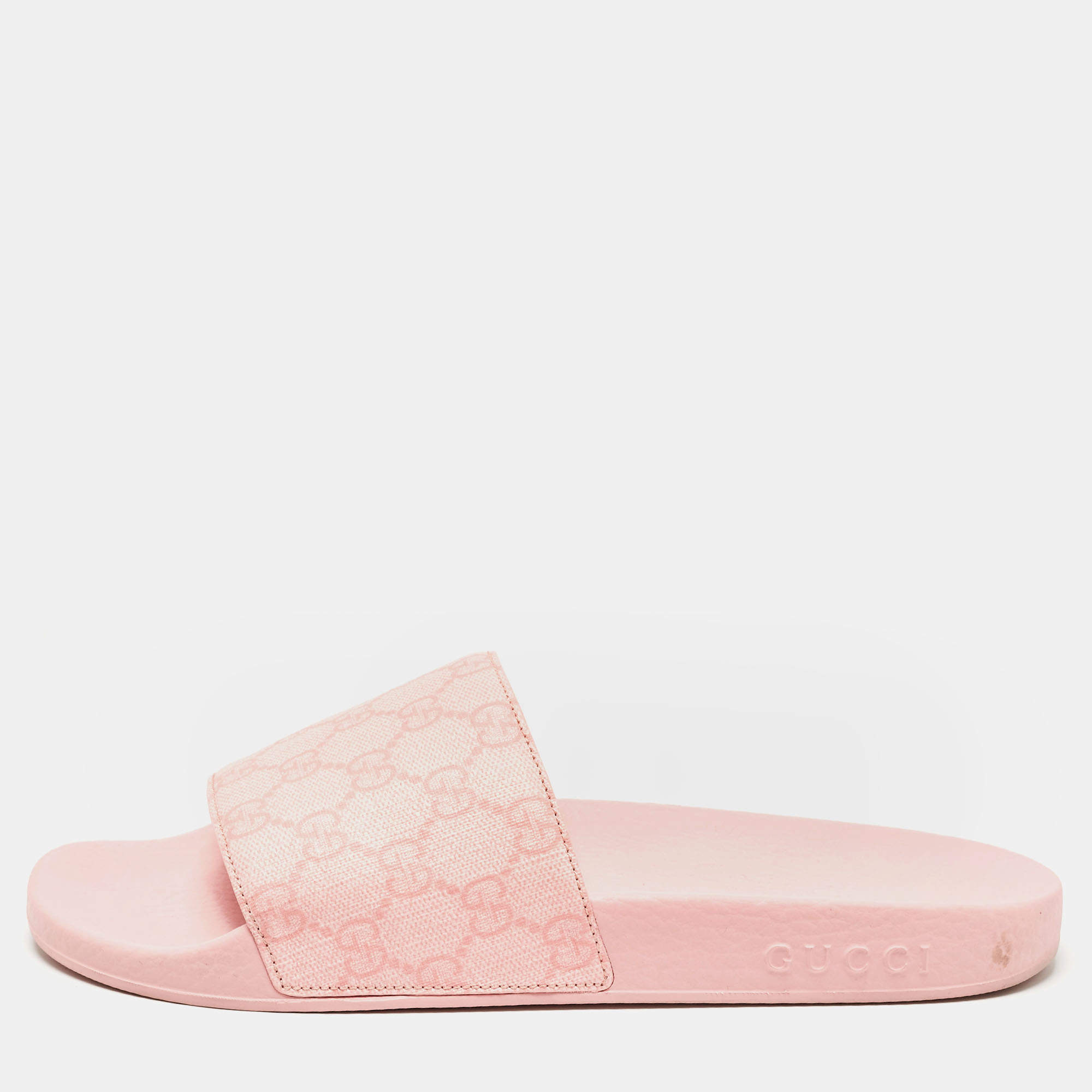 Gucci Pink GG Supreme Canvas Pool Slides Size 39