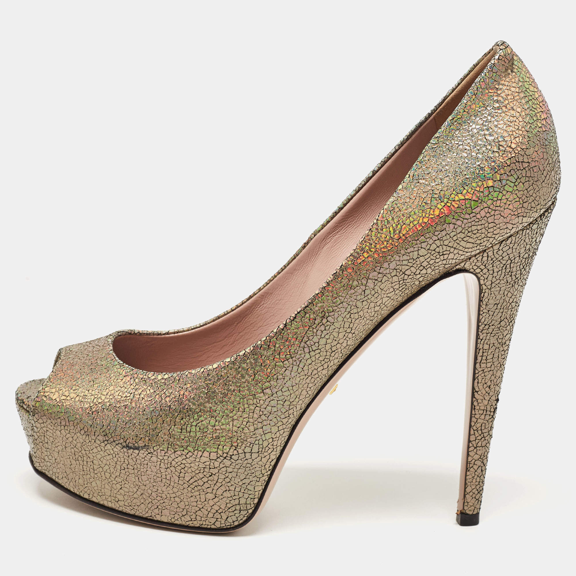 Gucci Metallic Textured Suede Open Toe Platform Pumps Size 40
