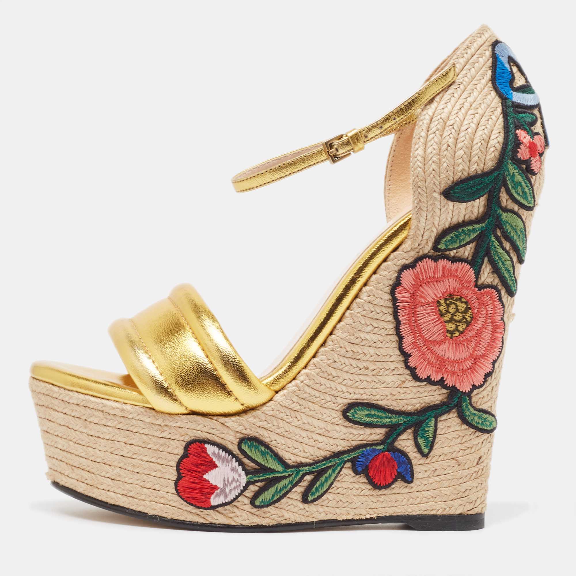 Pre Owned Gucci Metallic Gold Leather Platform Espadrille Wedge  Sandals Size 36
