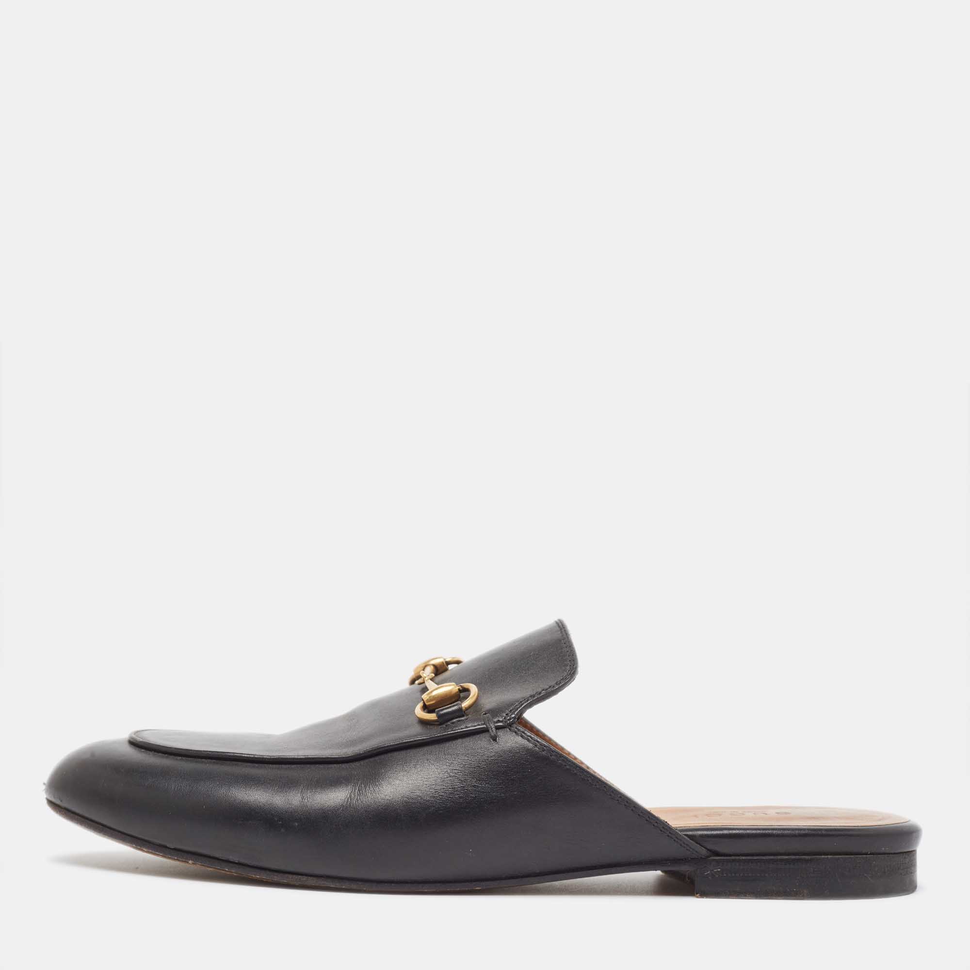 Pre Owned Gucci Black Leather Princetown Mules Size 39