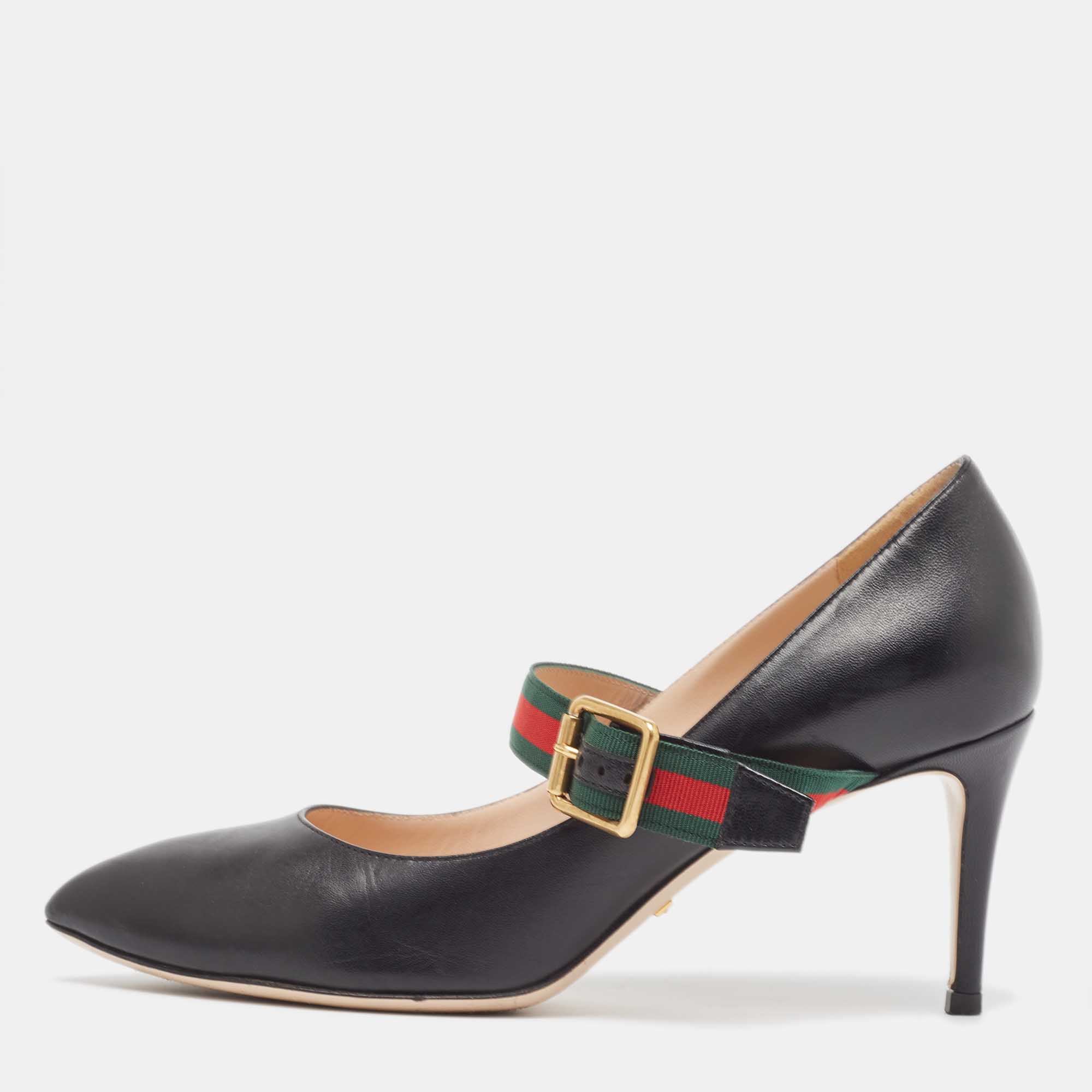 Pre Owned Gucci Black Leather Sylvie Mary Jane Pumps Size 37
