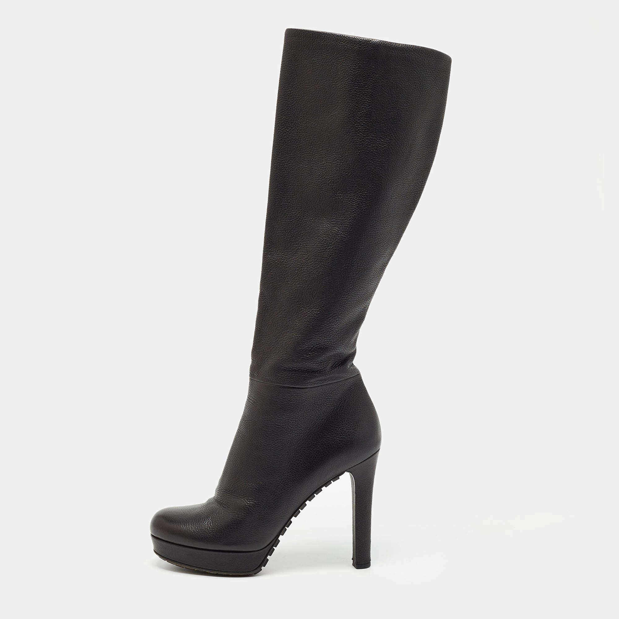 Pre Owned Gucci Black Leather Knee Length Boots Size 37.5