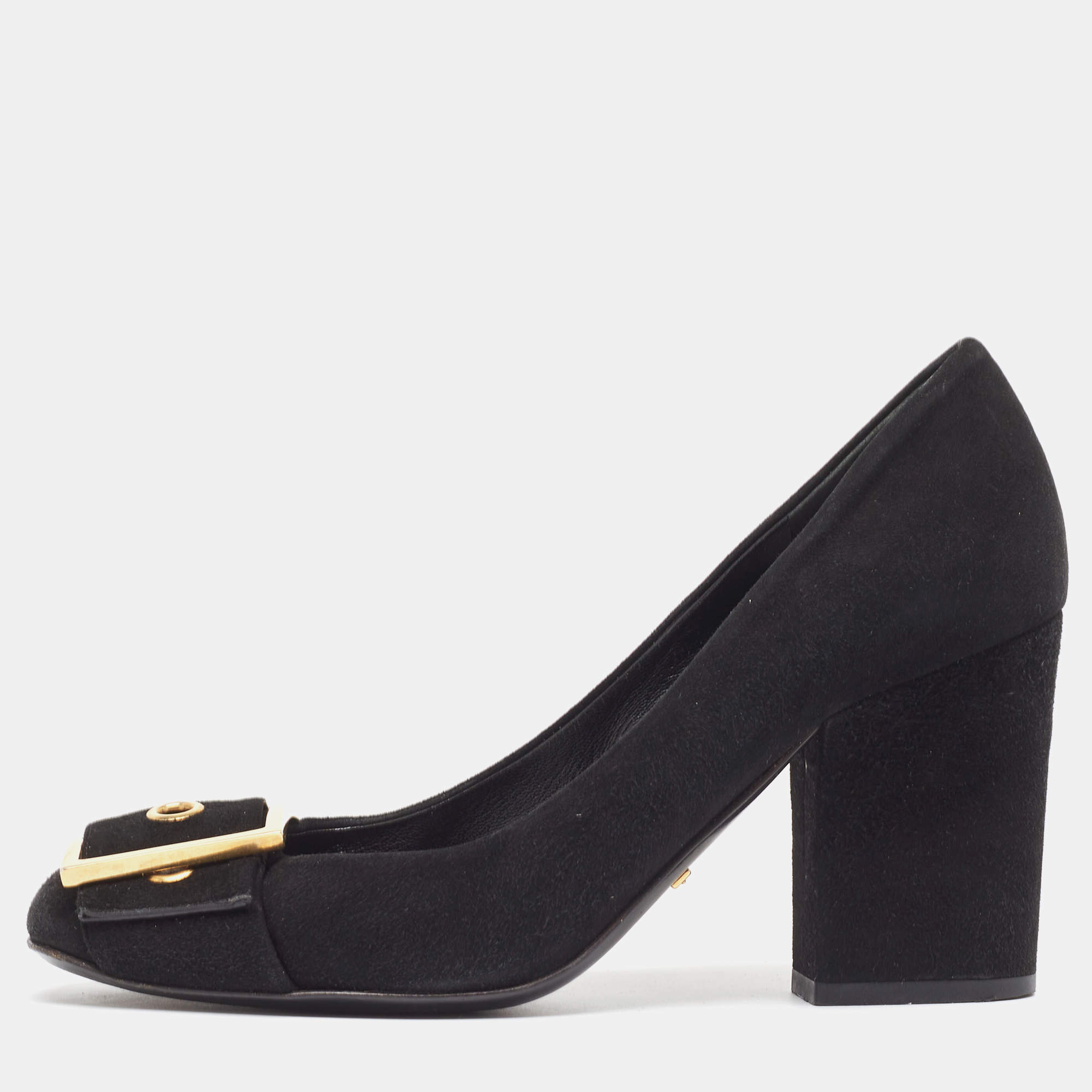 Pre Owned Gucci Black Suede Buckle Detail Block Pumps Size 38