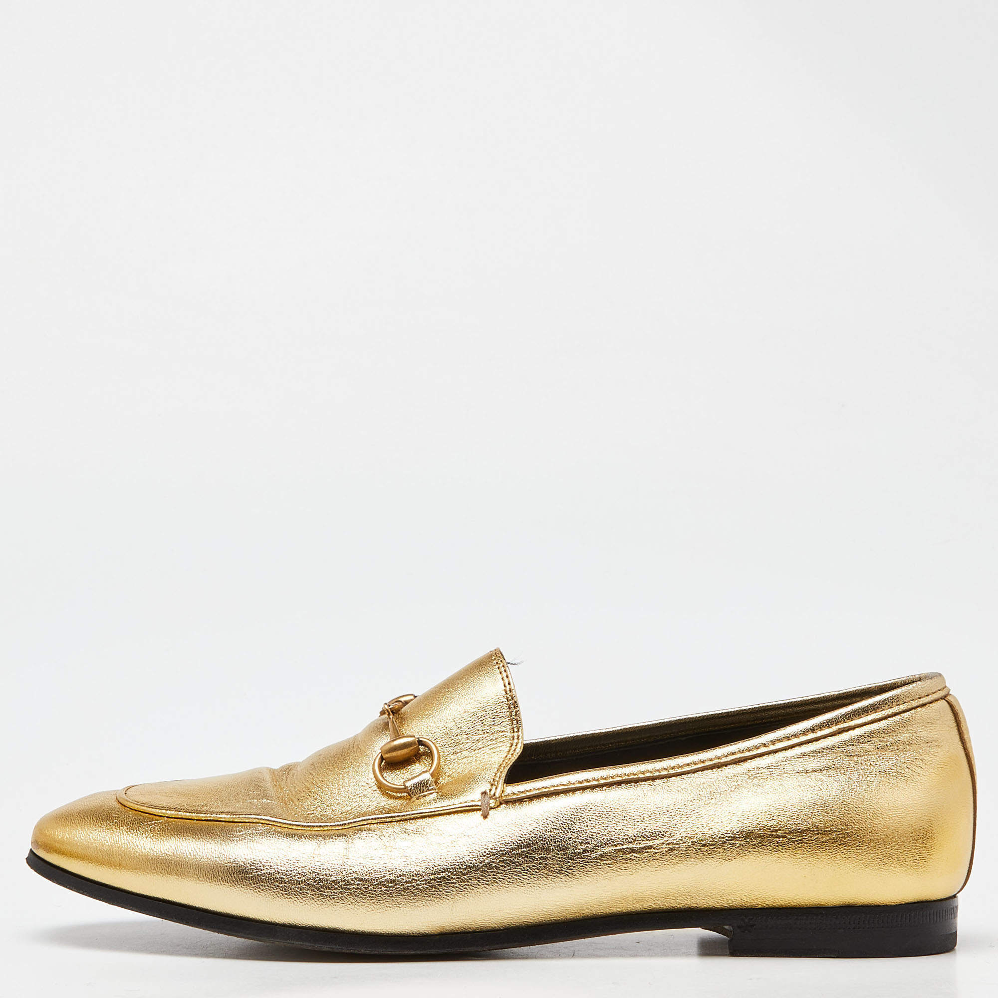 Pre Owned Gucci Gold Leather Jordaan Loafers Size 39