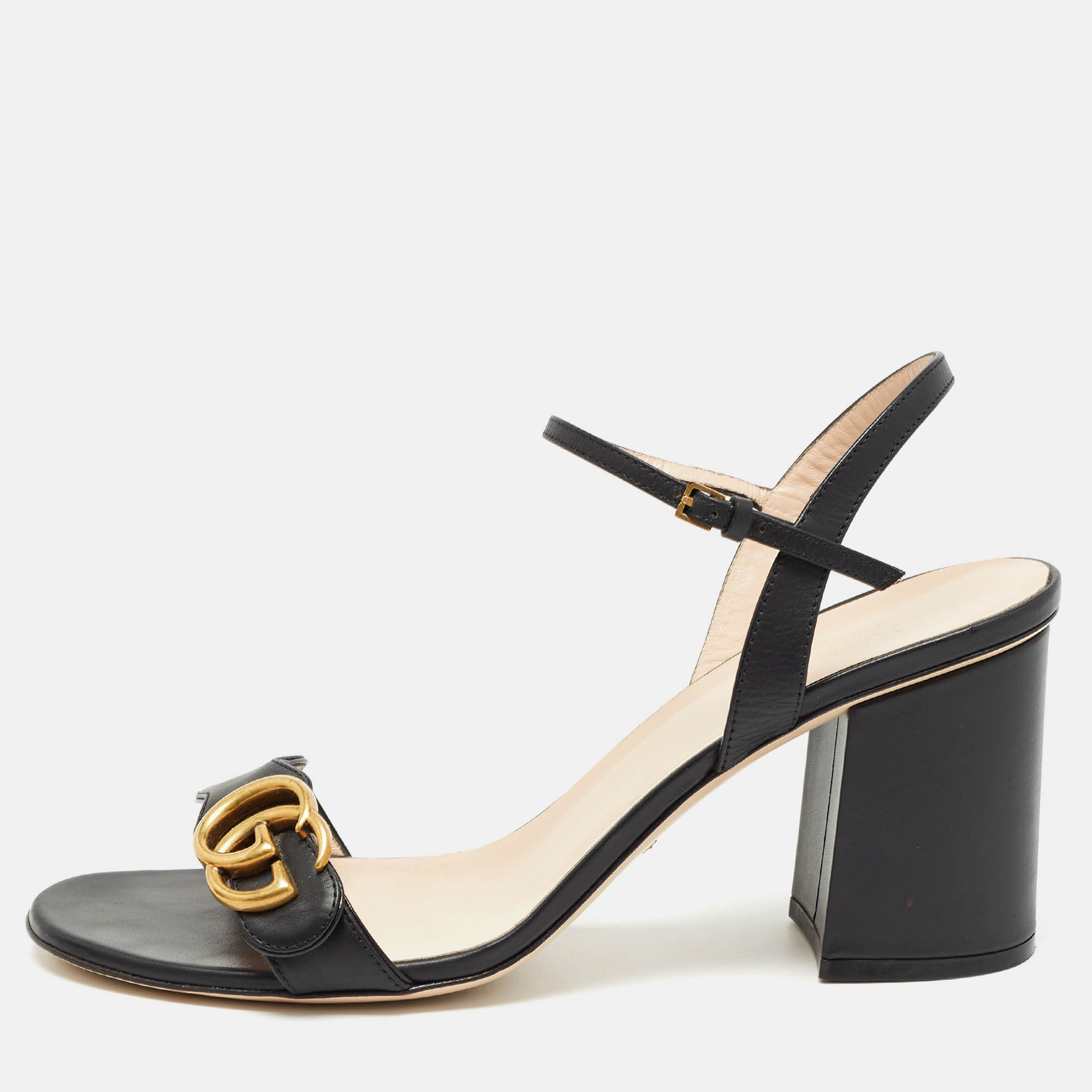 Pre Owned Gucci Black Leather GG Marmont Block Heel Ankle Strap Sandals Size 41