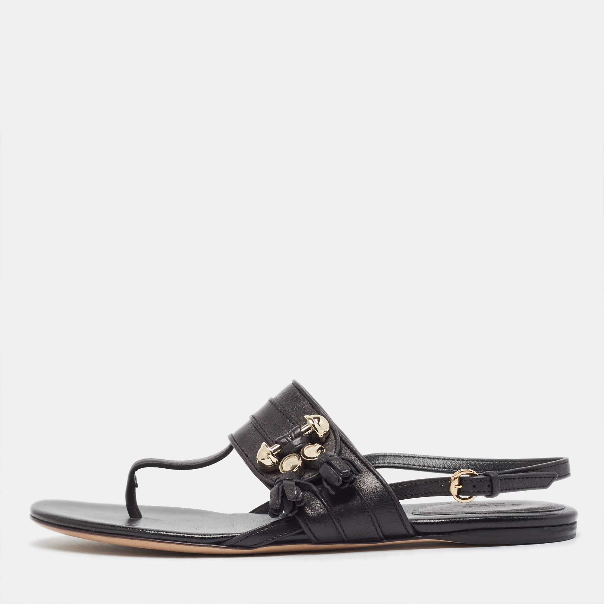 مملوكة مسبقًا Gucci Black Leather Thong Flat Slingback Sandals Size 37