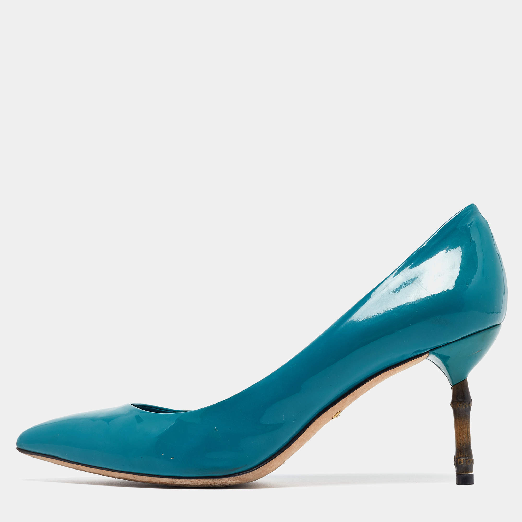 Pre Owned Gucci Green Patent Leather Kristen Bamboo Pumps Size 39