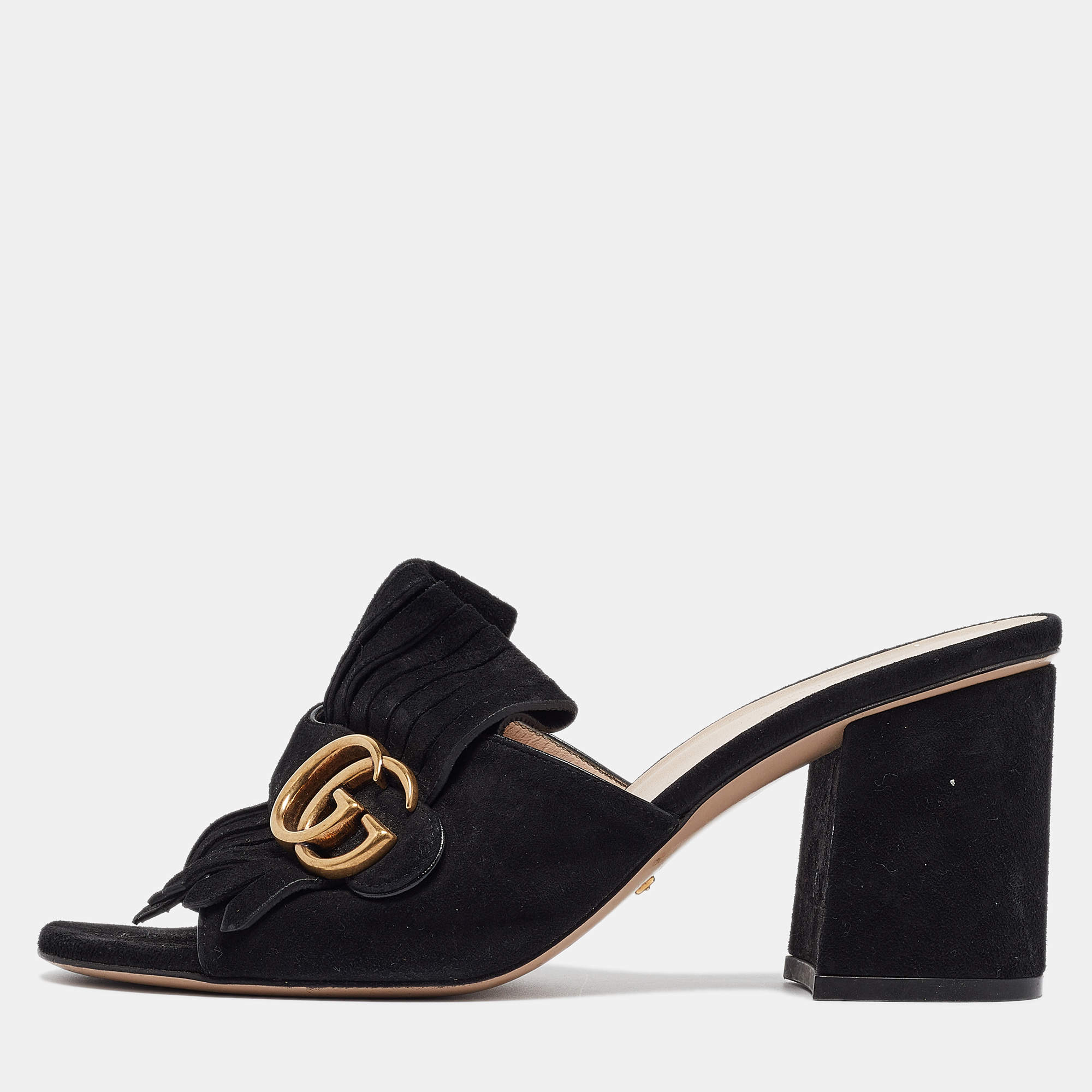 Gucci Black Suede GG Marmont Fringe Mules Size 37.5