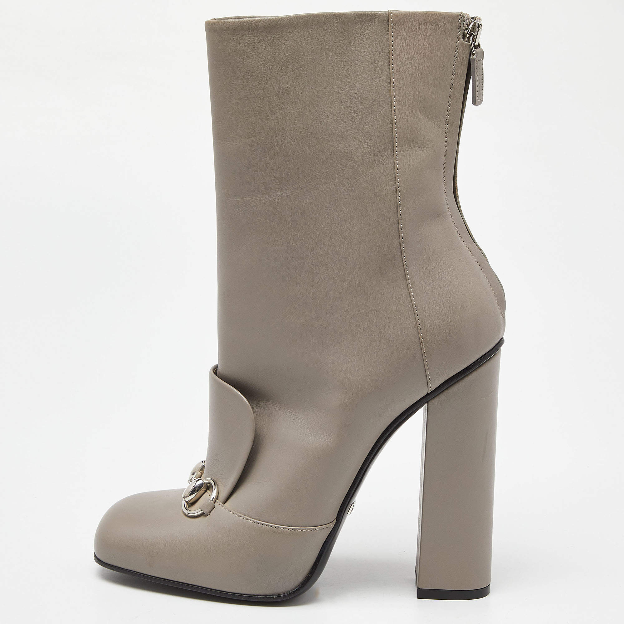 Pre Owned Gucci Grey Leather Horsebit Ankle Boots Size 39