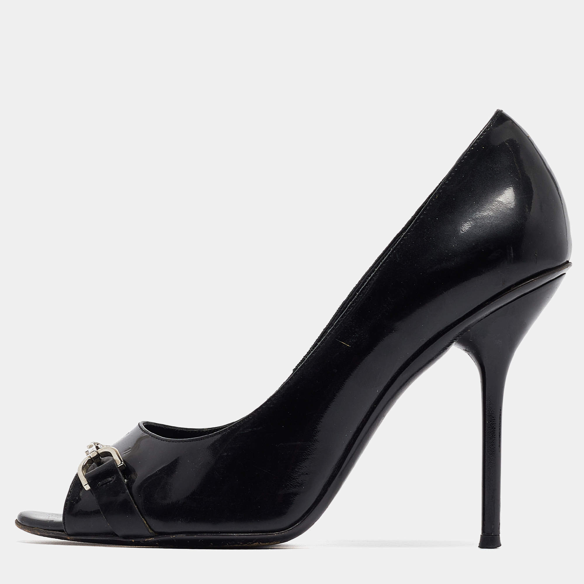 Pre Owned Gucci Black Patent Peep Toe Pumps Size 38
