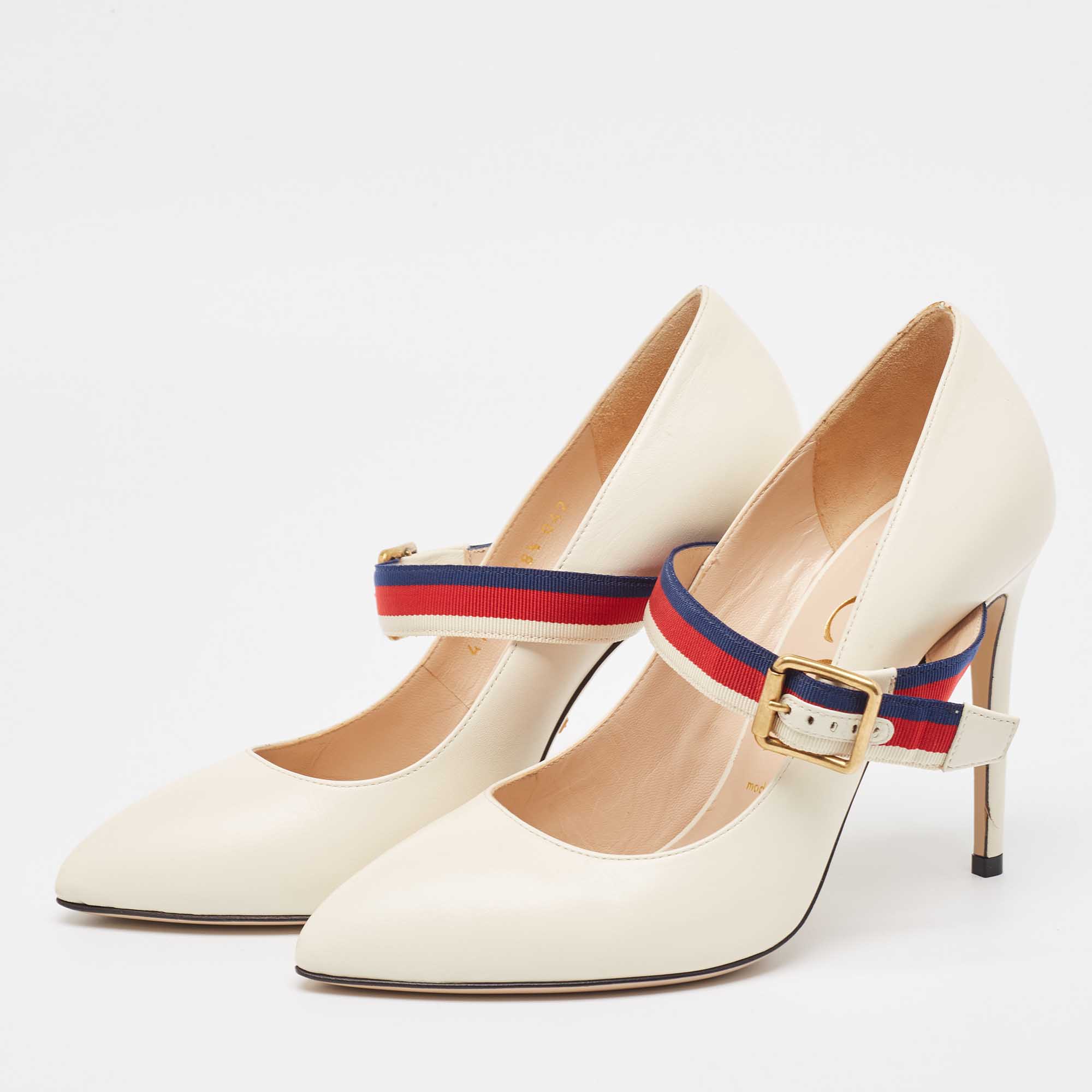 Pre Owned Gucci Cream Leather Mary Jane Sylvie Pumps Size 38.5