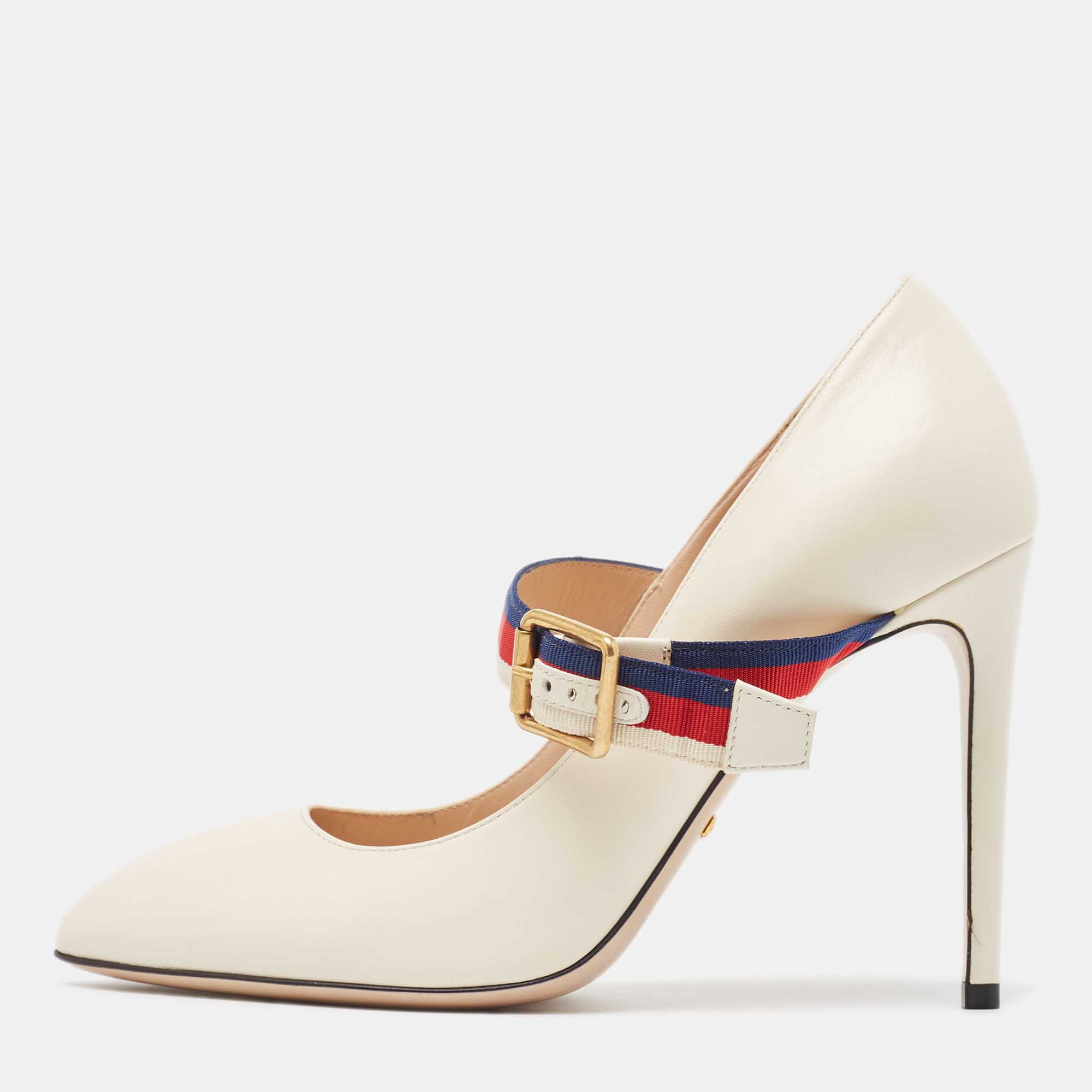 Gucci Cream Leather Mary Jane Sylvie Pumps Size 38.5
