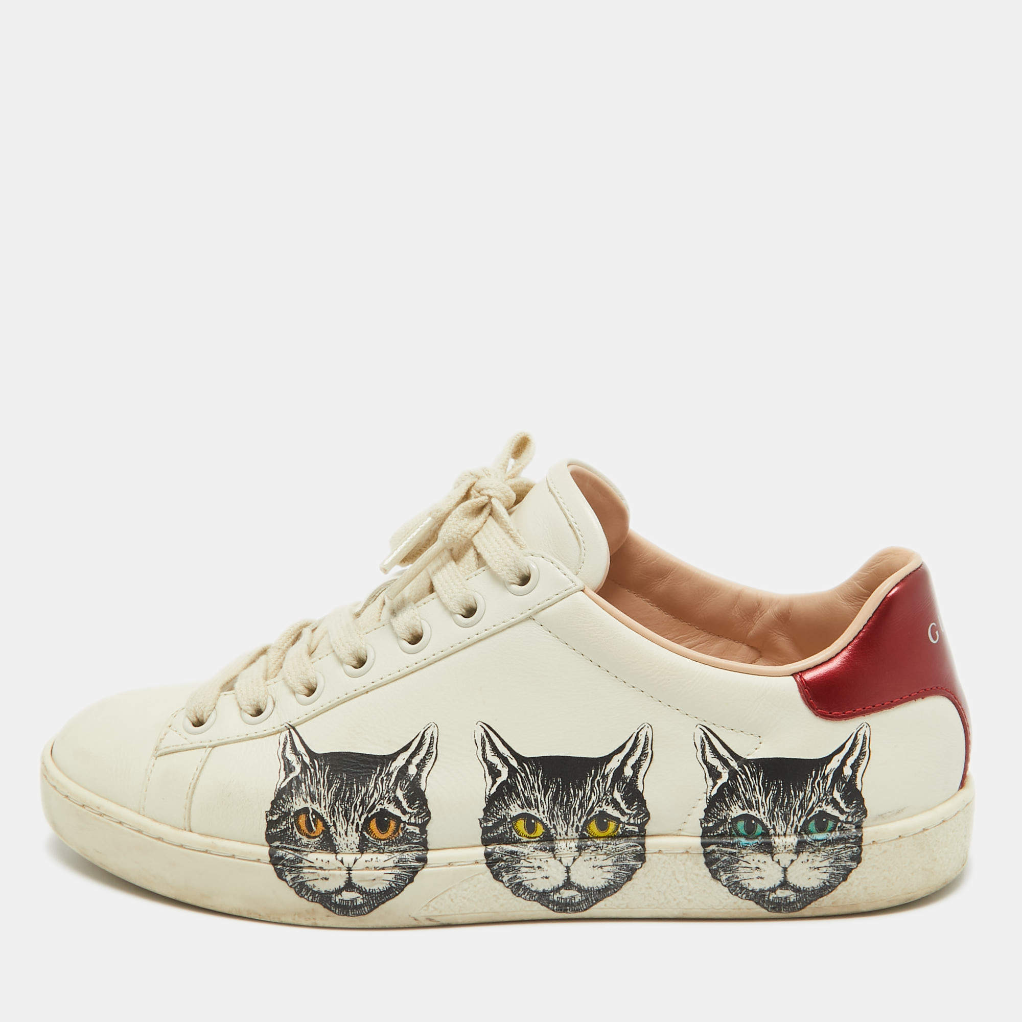 Gucci Off White Leather Mystic Cat Ace Sneakers Size 37