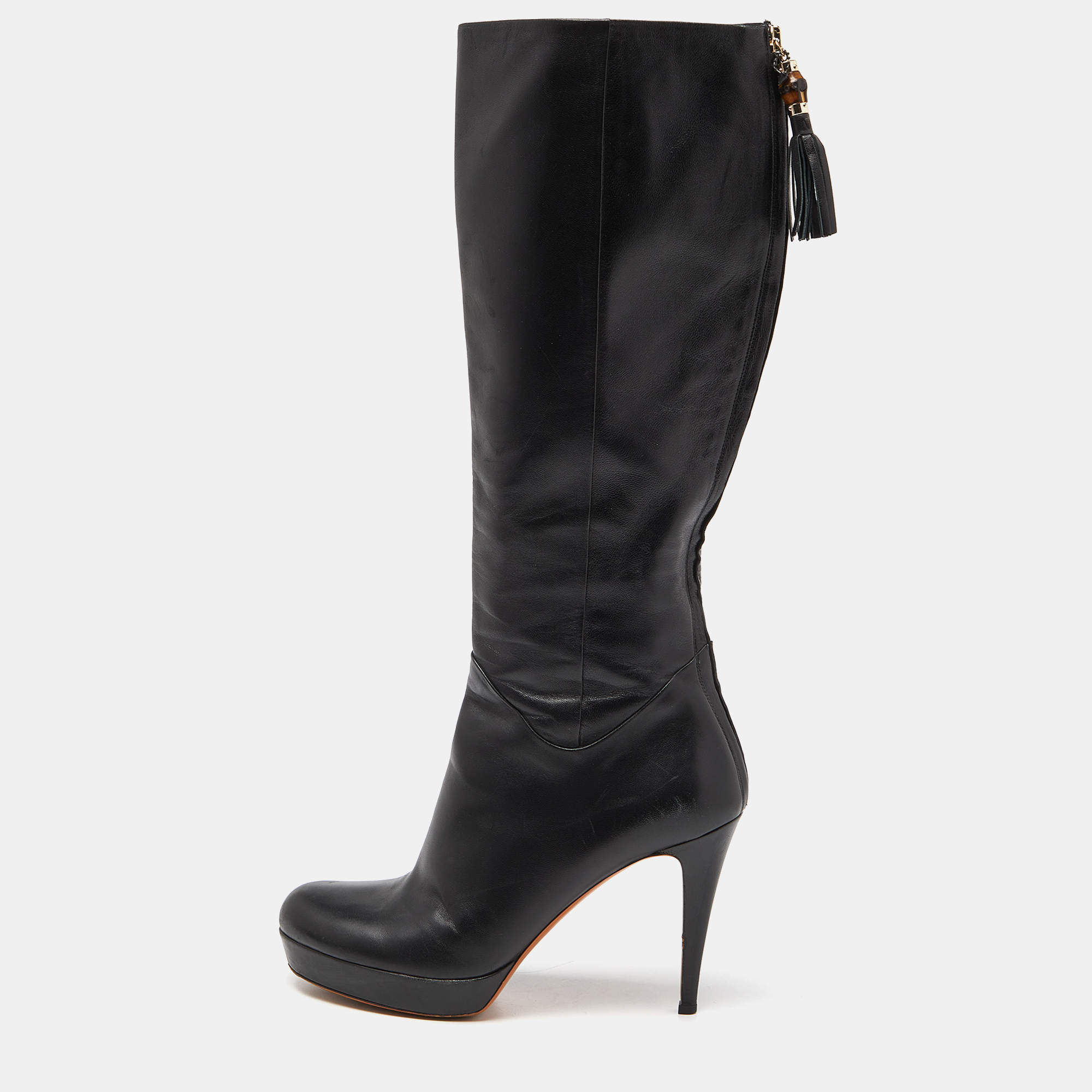 Gucci Black Leather Bamboo Tassel Knee Length Platform Boots Size 40